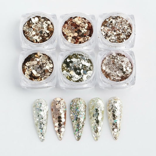 SAGEBIO Nail Glitter Set 6 Colors, High Shine Reflective Glitter Powder, Chunky Flakes & Rainbow Sequins for Nail Art, Bright Sparkle Not Dull, DIY Gel Nails Decoration Kit,02