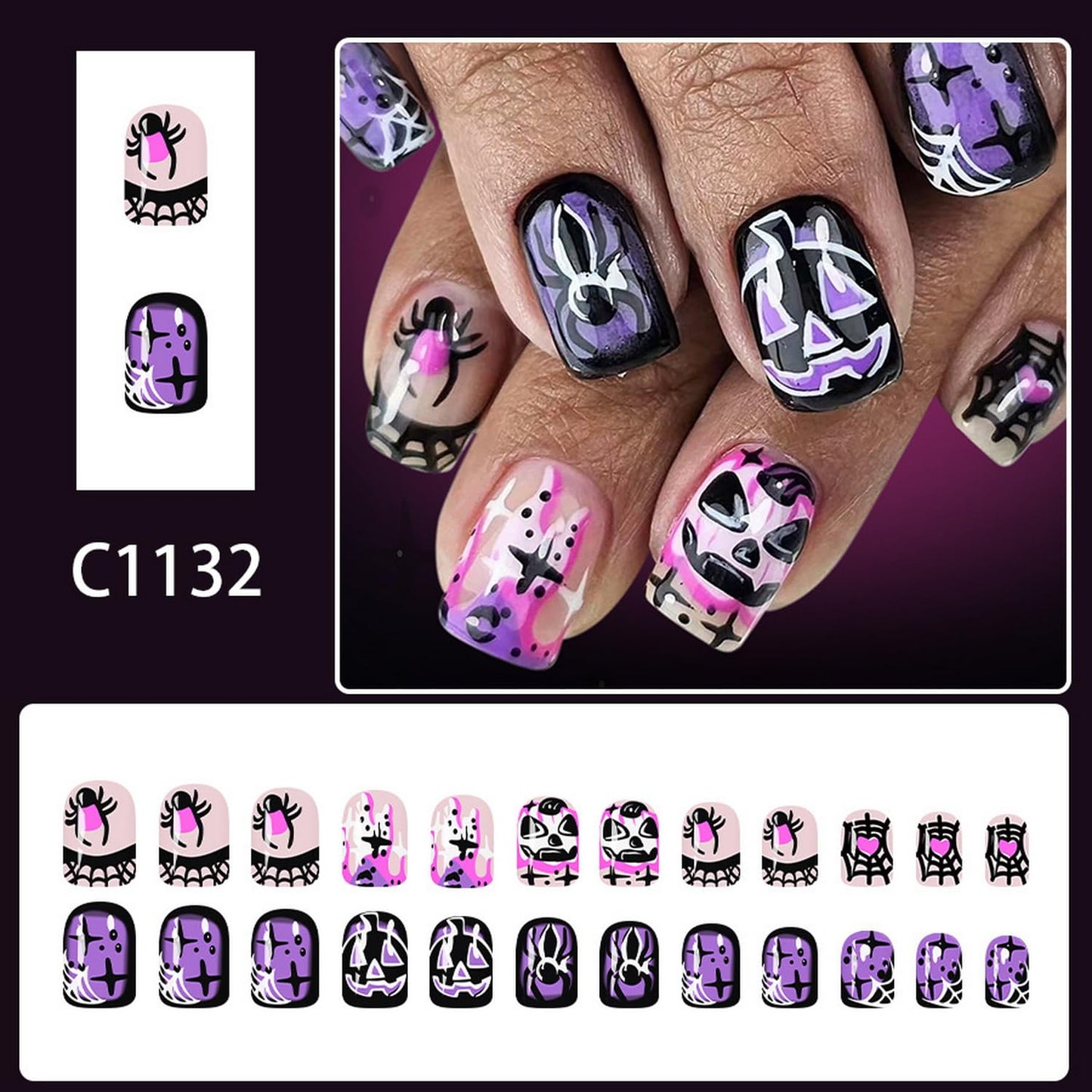 24pcs Halloween Press on Nails Short Square Fake Nails with Pumpkin Spider Web designs Acrylic Nail Pink Purple Press ones Glossy Full Cover Spooky Party Nail Accessories for Women Girls Finger