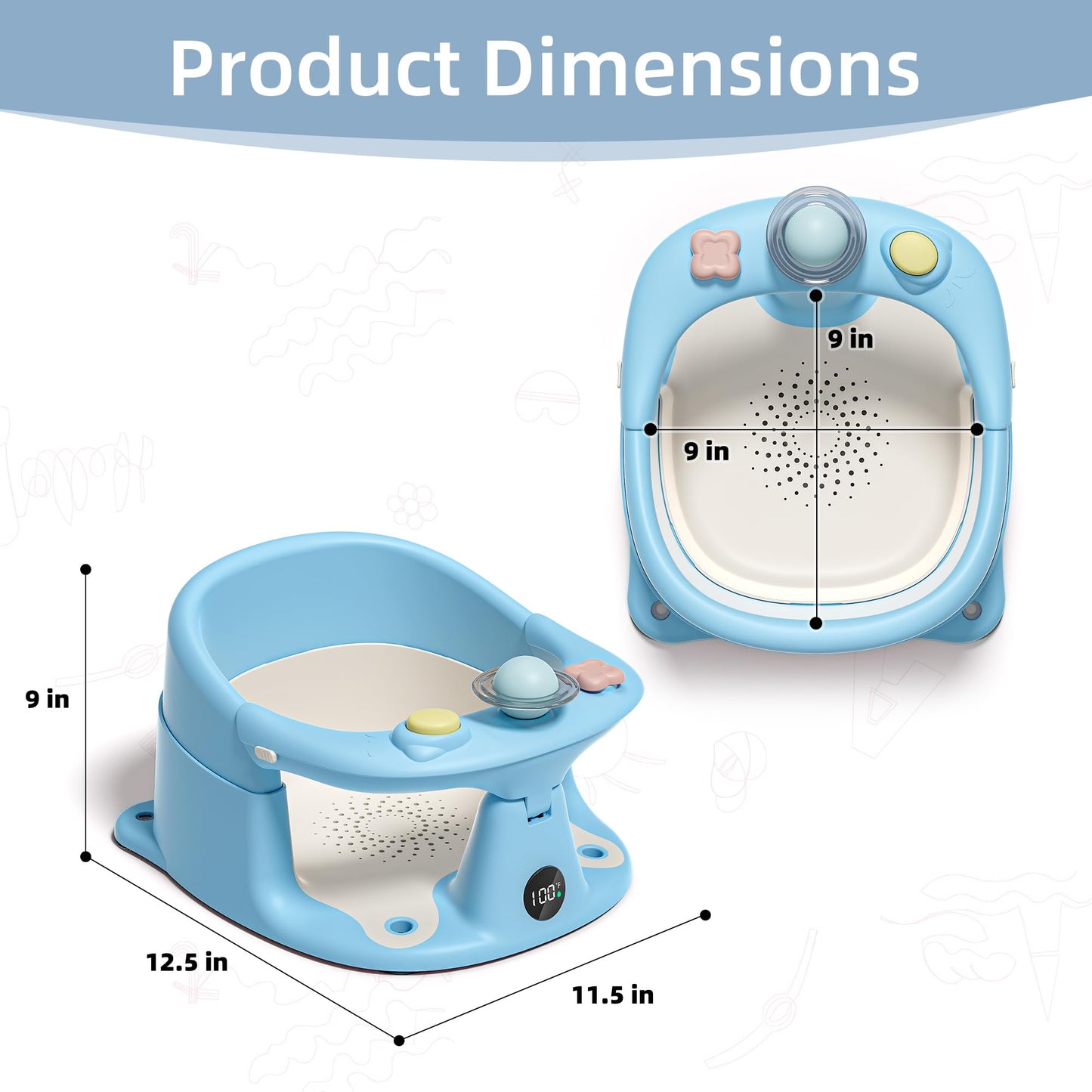 Baby Bath Seat for Babies 6 Months & up with Thermometer, Non-Slip Toddler Bath Seats for Sitting Up, Safe Infant & Newborn Bathtub Chair with 4 Suction Cups, Soft Cushion & Temperature Display, Blue