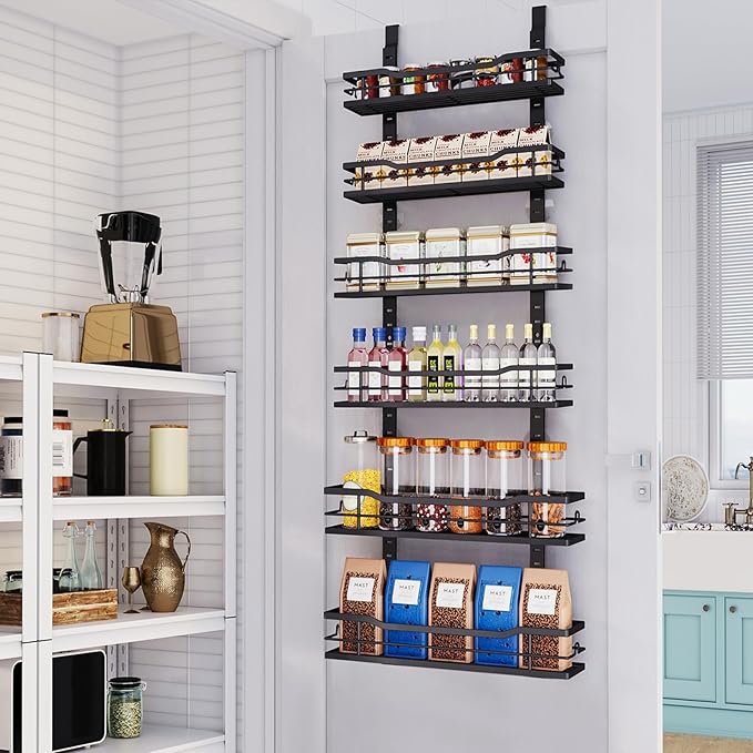 Eastherry Over The Door Pantry Organizerï¼6-Tier Over The Door Organizer with Adjustable Basketï¼Metal Hanging Pantry Organizers and Storage for Kitchen, Back of Door Seasoning Rack (Black)