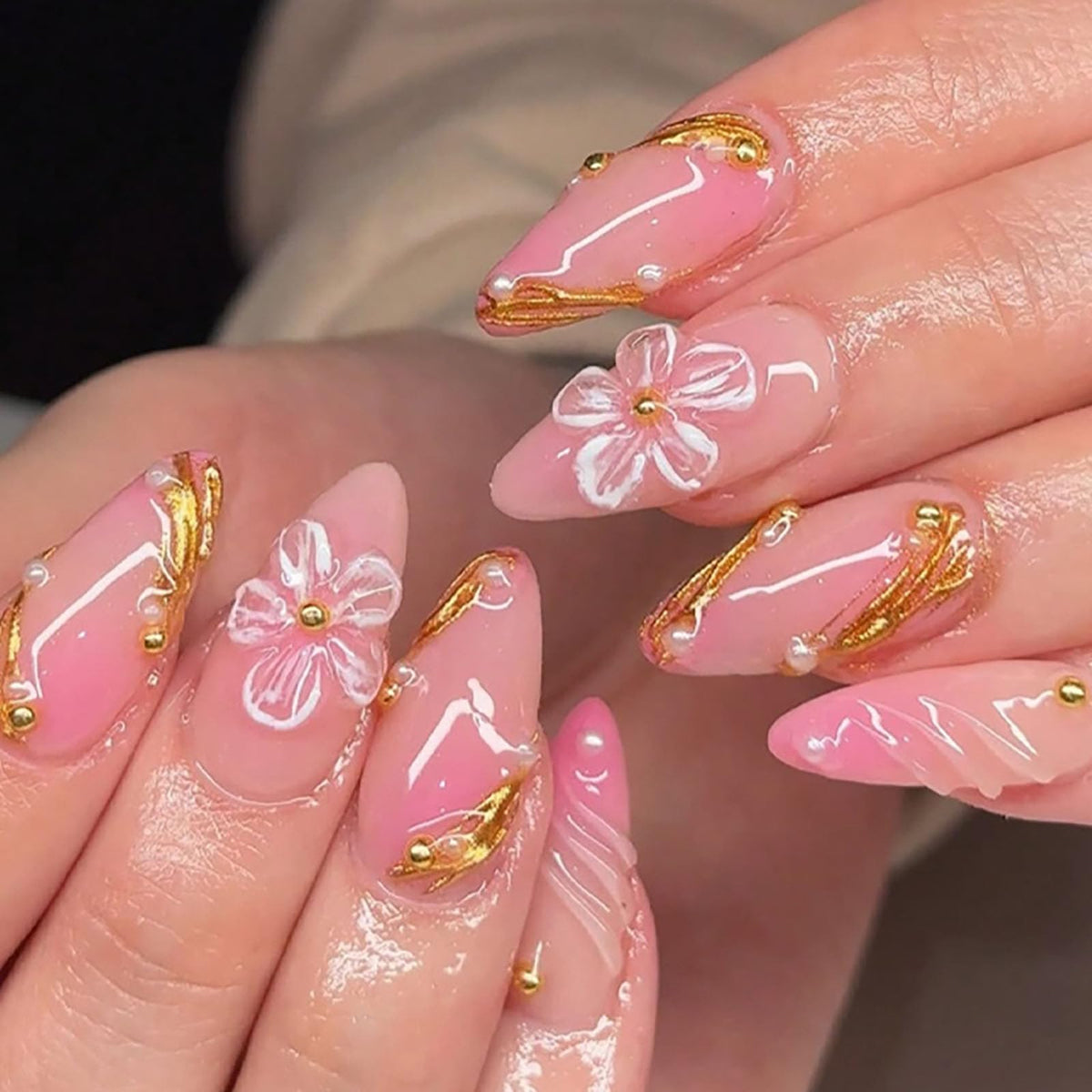 RUOKEXIN Almond Press on Nails Pink Ombre Fake Nails Gold Glitter False Nails with Flower Designs Medium Nail Press ons Sparkly Artificial Nails for Women 24Pcs