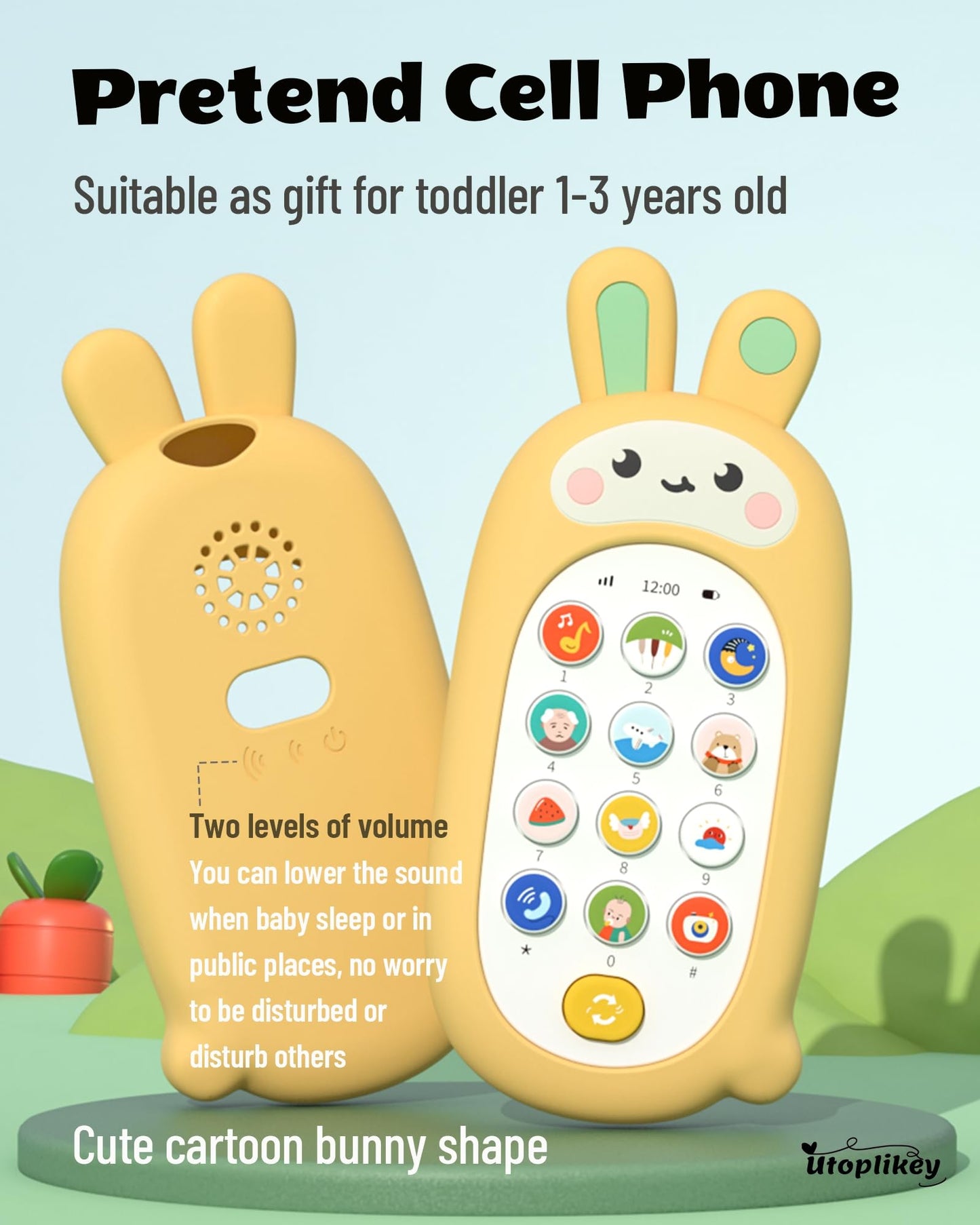 UTOPLIKEY Baby Cell Phone Toy with Teething Silicon Mobile Phone Shell, Sensory Comfort Toys with 12 Learning Modes & Soothing Lullabies, Gift for Toddler Infants Baby Shower Birthday (Yellow Bunny)