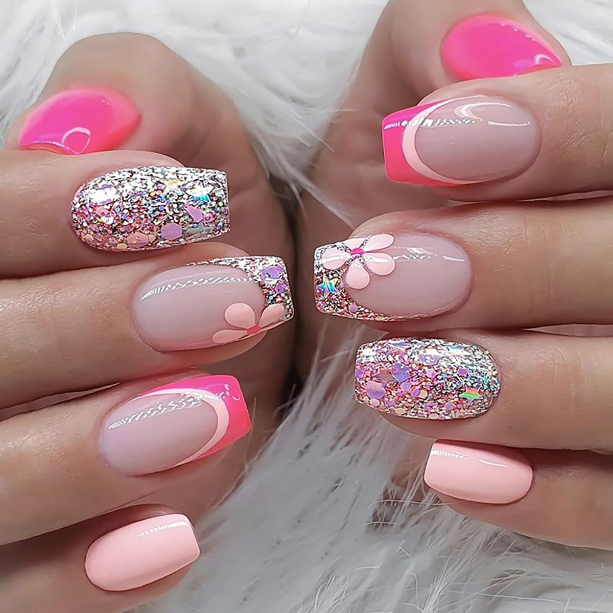 Pink Press on Nails Medium Coffin SWEKKE French Tip Fake Nails Full Cover Flower False Nails with Designs Sliver Glitter Glossy Glue on Nails Manicure Artificial Acrylic Nails for Women Girls 24Pcs