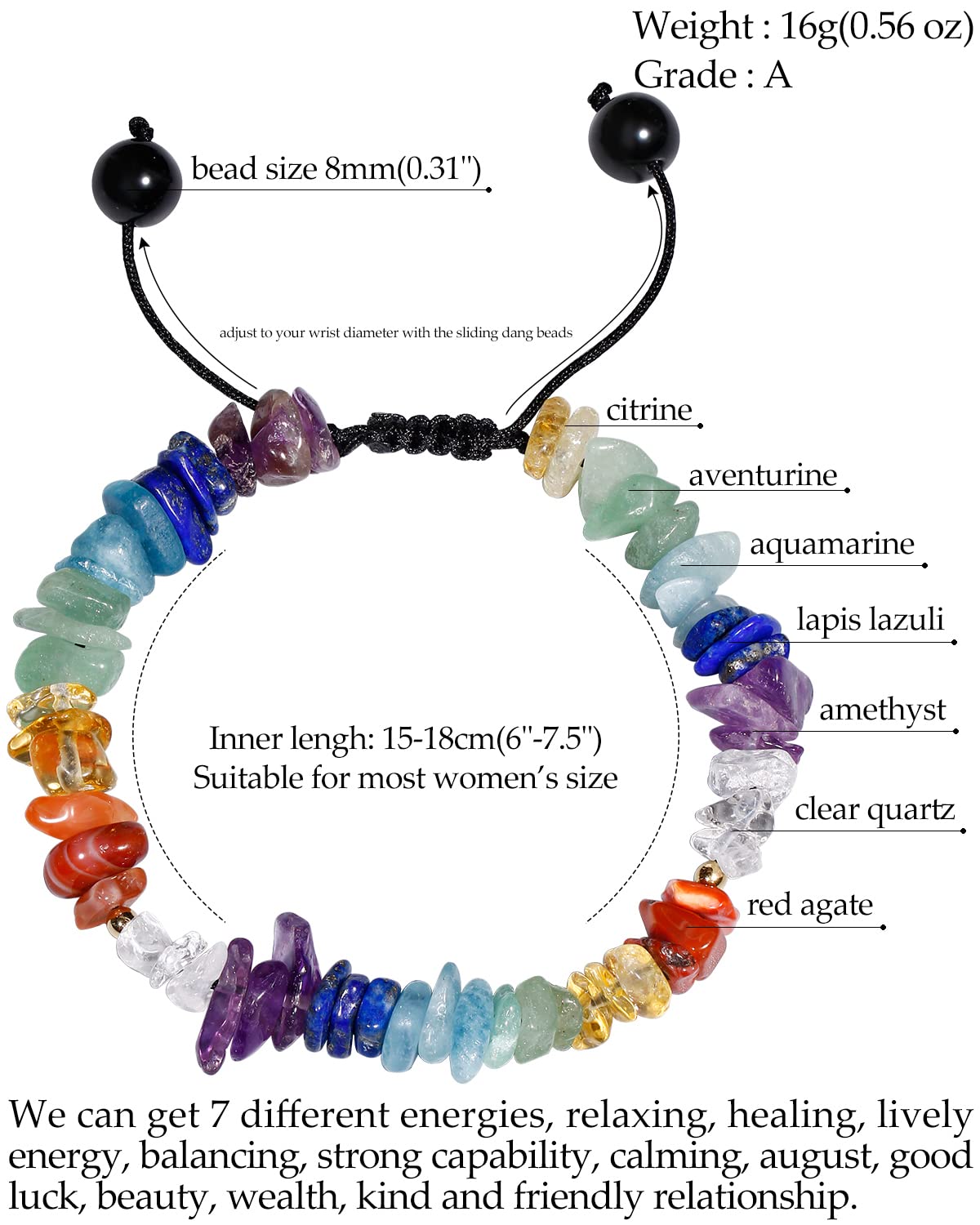 Jewever 7 Chakra Stone Bracelet for Women Chip Tumbled Real Reiki Crystals and Gemstones Anti Anxiety Relax Meditation Yoga Balance Spiritual Bracelets