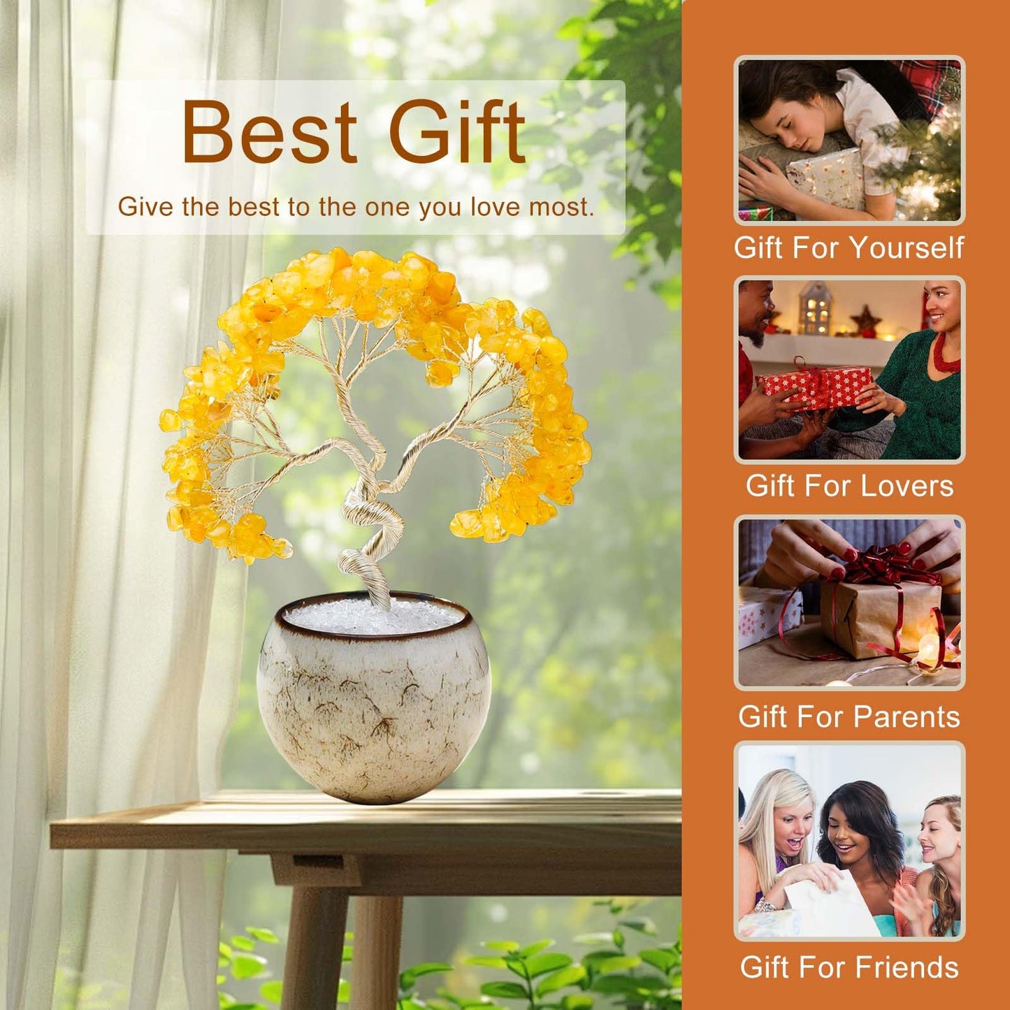Runyangshi Citrine Crystal Tree of Life - 7in Chakra Crystal Money Tree with 297 Natural Healing Crystal Gemstone for Feng Shui, Luck, Balancing Energy Home Decor & Spiritual Gift