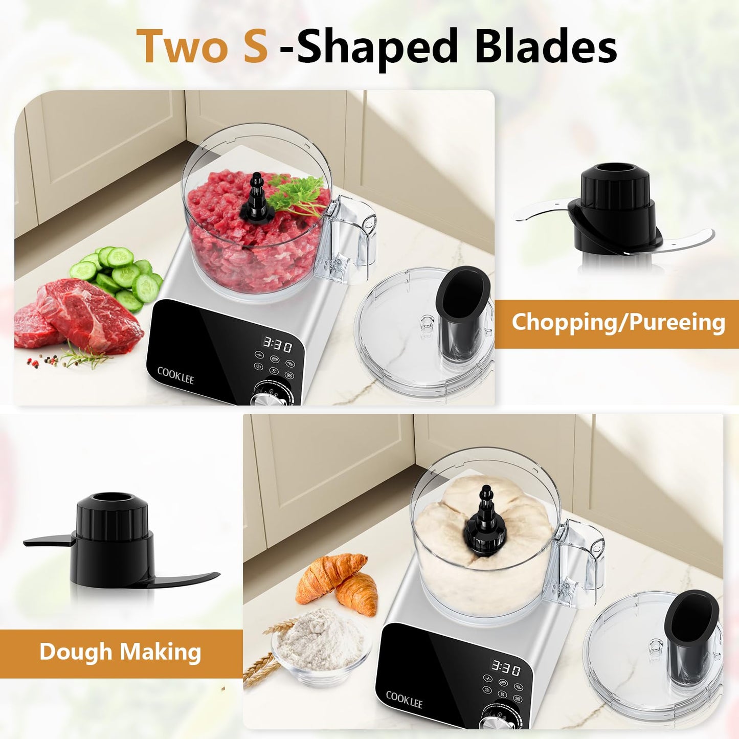 COOKLEE Food Processor, 600 Watts, 6 Functions Electric Food Chopper for Chopping, Mincing, Dicing, Shredding, Slicing, Purees & Dough with 12cup Processor Bowl, Food Chute & Pusher, Silver