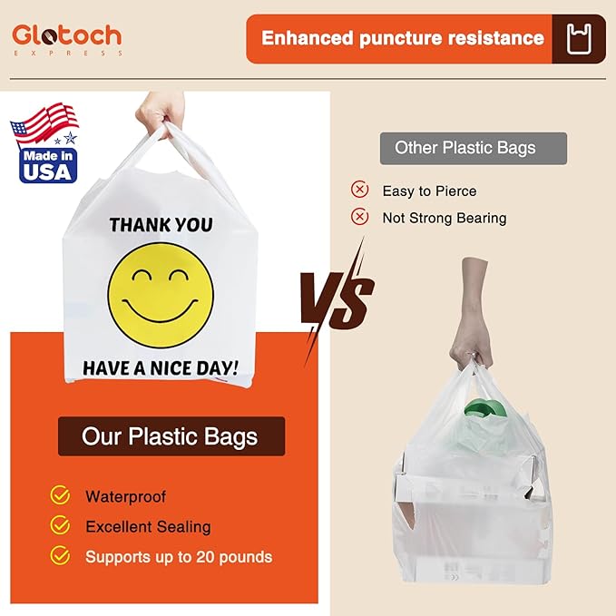 Glotoch 20000 (20K) Ct Plastic Thank You T-shirt Bags Smile Face, 11.5 x 6.5x 21" Have Nice Day Grocery Shopping Gift Bag with Handles for Restaurant, Retail, Togo, Convenience Store, in Bulk Business