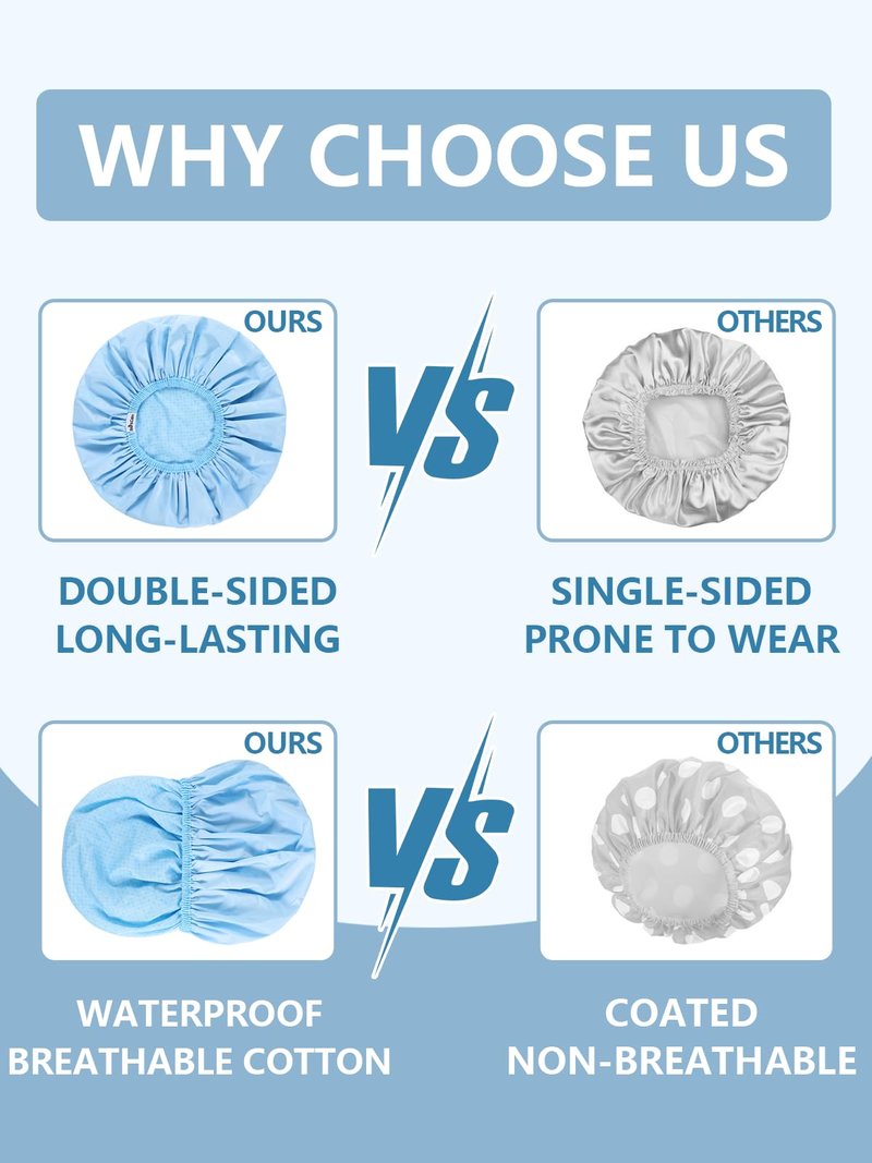 Years calm Shower Caps for Women Reusable Waterproof, Double Layer Waterproof Fabric - Both Sides Usable, Reversible Pattern & Solid Color Design, Soft Elastic Keeps Hair Dry for shower Spa Travel