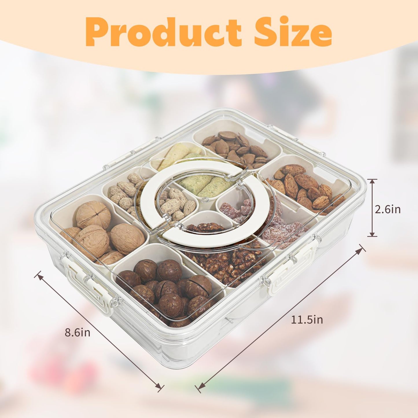 Divided Serving Tray with Lid and Handle,8 Compartments Snacks Box,Snack Fruit Tray,Veggie Tray,Portable Platter for Candy Fruits Nuts Snack Party Entertaining Picnic(2 PCS)