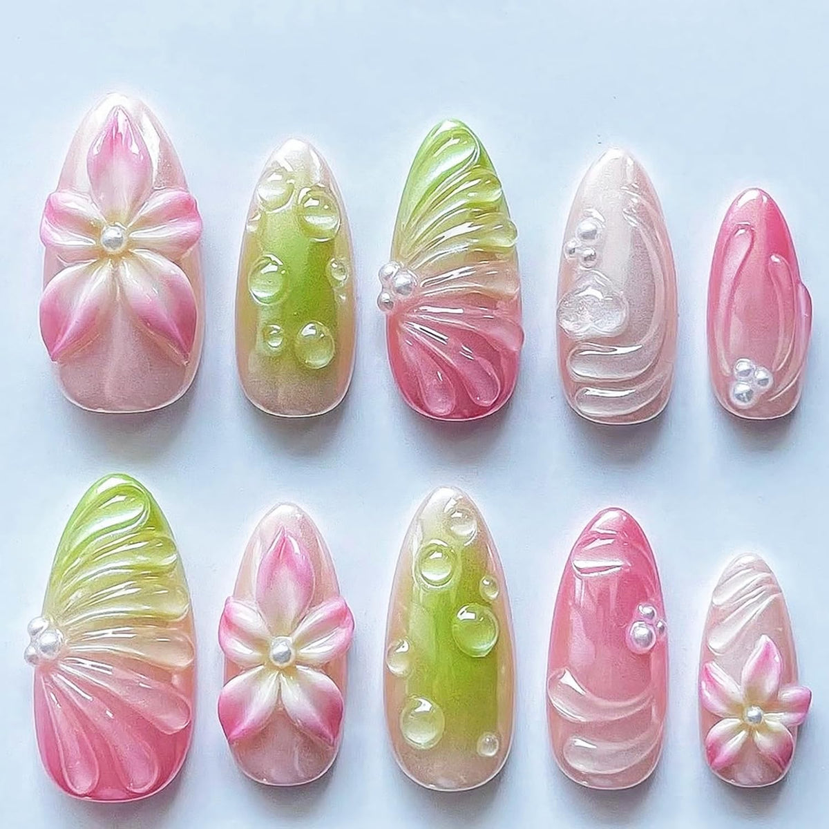 24Pcs Flower Press on Nails Almond Medium Fake Nails Gradient Pink Full Cover False Nails 3D Pearls Flower Glue on Nails Green Spring Summer Stick on Nails Cute Acrylic Nails for Women DIY Manicure