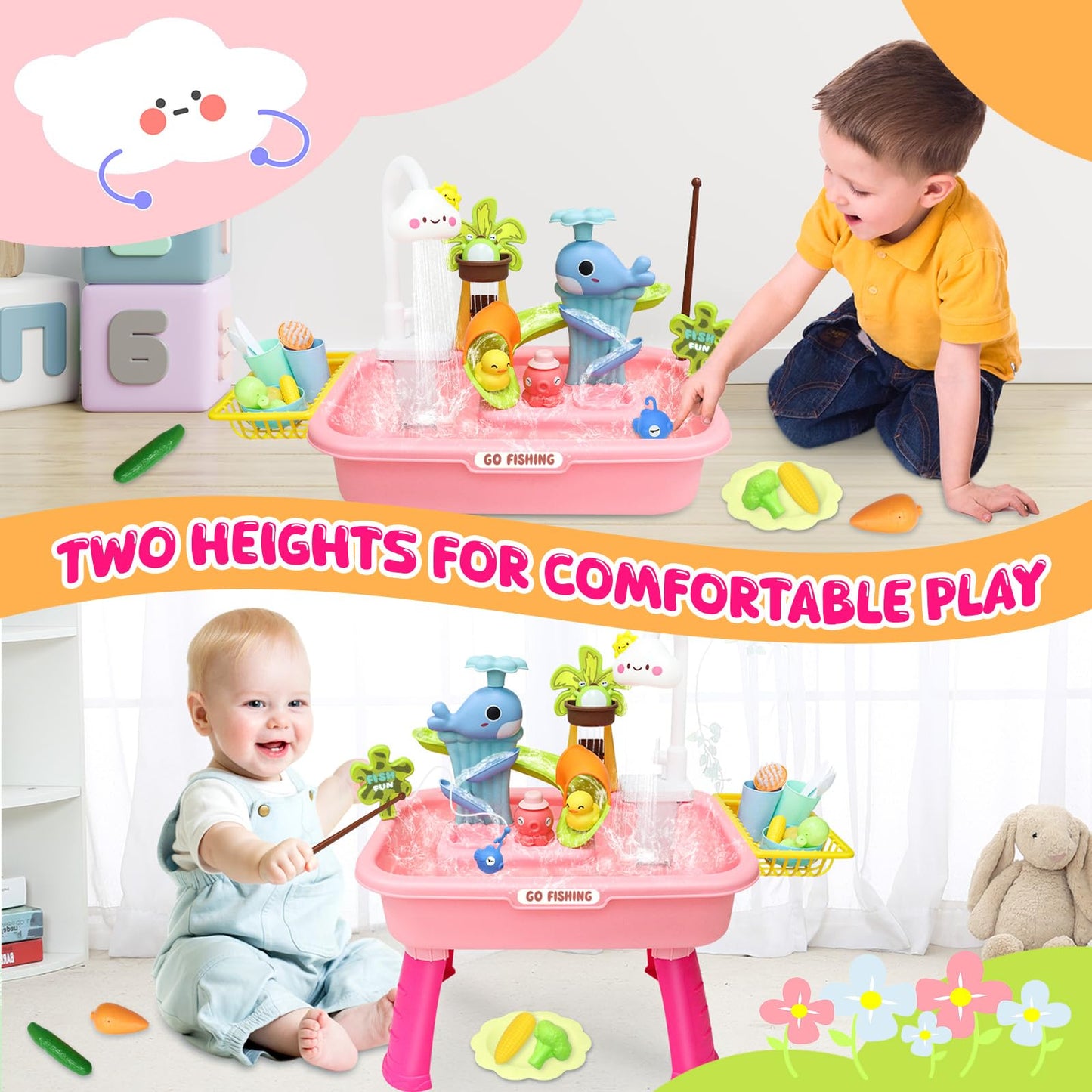 Water Play Table for Toddlers 1-3, Kids Play Sink with Electric Faucet, Outdoor Water Table with Fishing Game, Summer Baby Water Sensory Toy for Toddlers 1-3 Years(Pink)