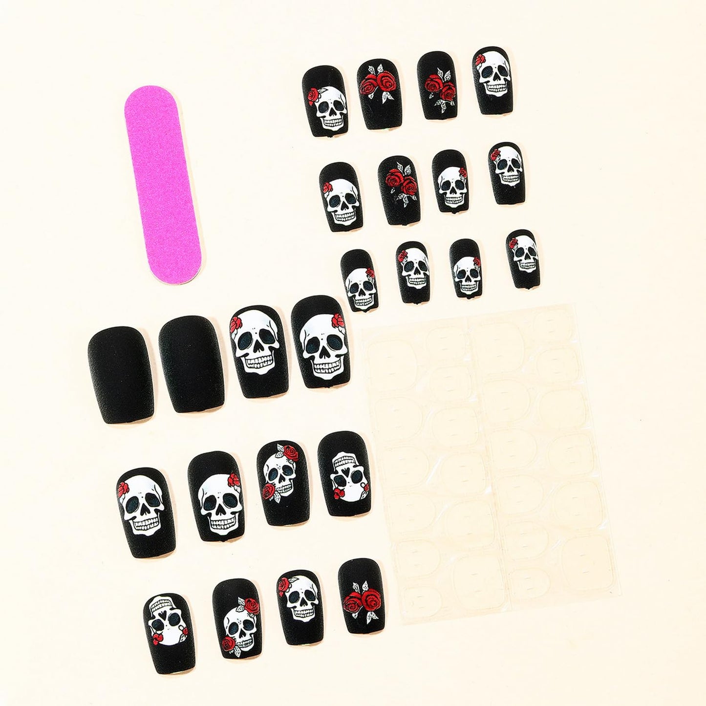 Halloween Press on Nail Short Square Fake Nails The Day of Dead False Nails Skull Red Rose designs Black Press ones Glue on Nails Full Cover Spooky Matte Stick on Nail for Women Party Manicure24pcs
