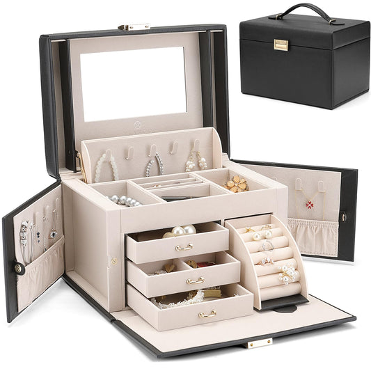 VLANDO Jewelry Box Organizer for Girls Women, Large Baroque Jewelry Holder Organizer with Mirror, 3 Drawers for Bracelets, Earrings, Rings, Necklaces, Mothers Day Gifts for Loved One, Black
