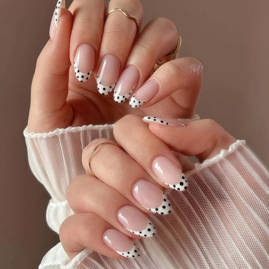 Polka Dot Press On Nails Medium Almond Fake Nails Nude Pink French Tips with Black & White Polka Dot Design Glossy Glue on Nails Reusable Artificial Nail Full Cover Sticker on Nails for Women 24 Pcs