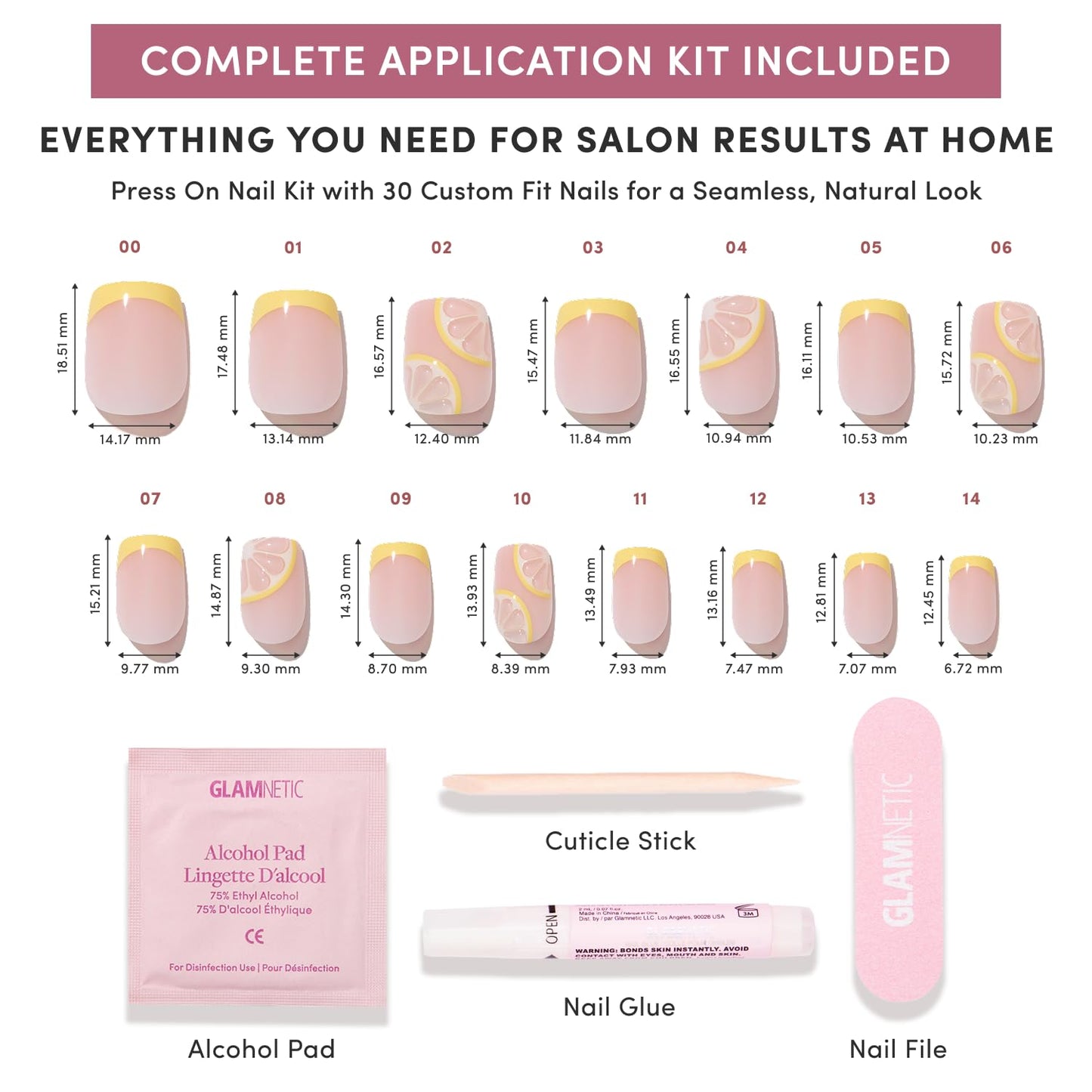 Glamnetic Press On Nails - Short Squoval Fake Nails with French Tips & Lemons | Salon Quality Summer Nails | Limonata |15 Sizes - 30 Nail Kit with Glue
