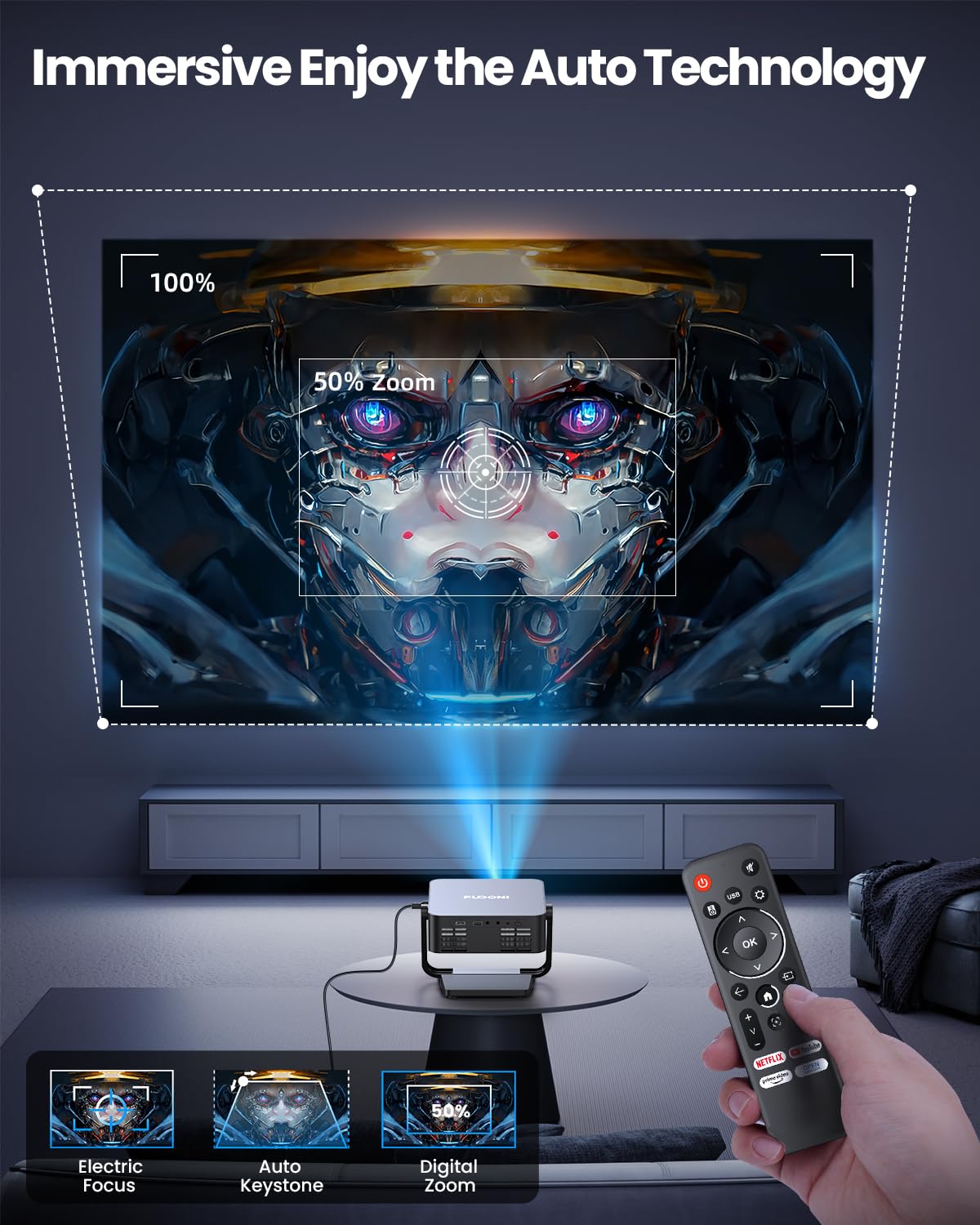 [Built-in Apps/Dolby Audio] FUDONI Smart Projector with WiFi 6 and Bluetooth, 1080P Full HD Projector with Netflix/ Prime Video/Youtube, Zoom Correction, Movie Proyector for Home & Outdoor
