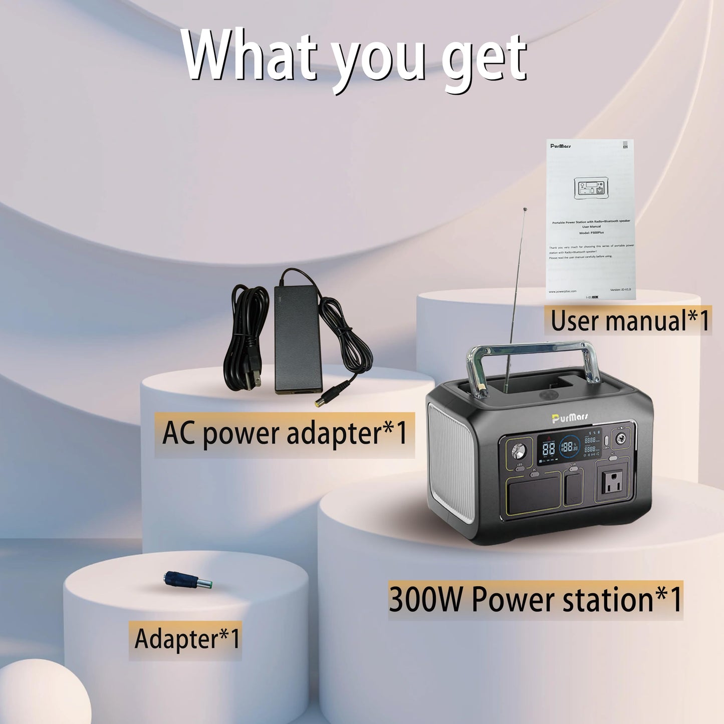 PurMars 300W Portable Power Station (Peak 500W) with Bluetooth Speaker & FM Radio,288Wh Solar Generator,110V AC Outlet,LiFePO4 Power Bank-Portable Power Station for Camping,Solar Power Bank for Home