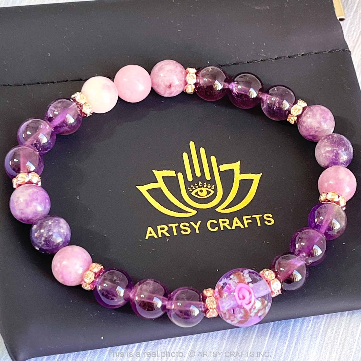 ARTSY Crafts Glow in The Dark Firefly Beads Bracelet, Handmade in USA, Luminous Murano Glass Beads Jewelry Mermaid Crystals Inspirational Gift (Amethyst - Stretch)