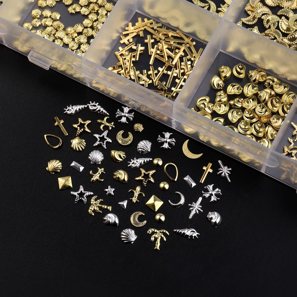 Gold Silver Nail Charms 3D Alloy Flower Nail Gems Metal Moon Star Nail Jewels Multi-Shapes Ocean Beach Starfish Seashell Nail Art Supplies with Tweezer for Women DIY Acrylic Nail 24 Grids 1 Box