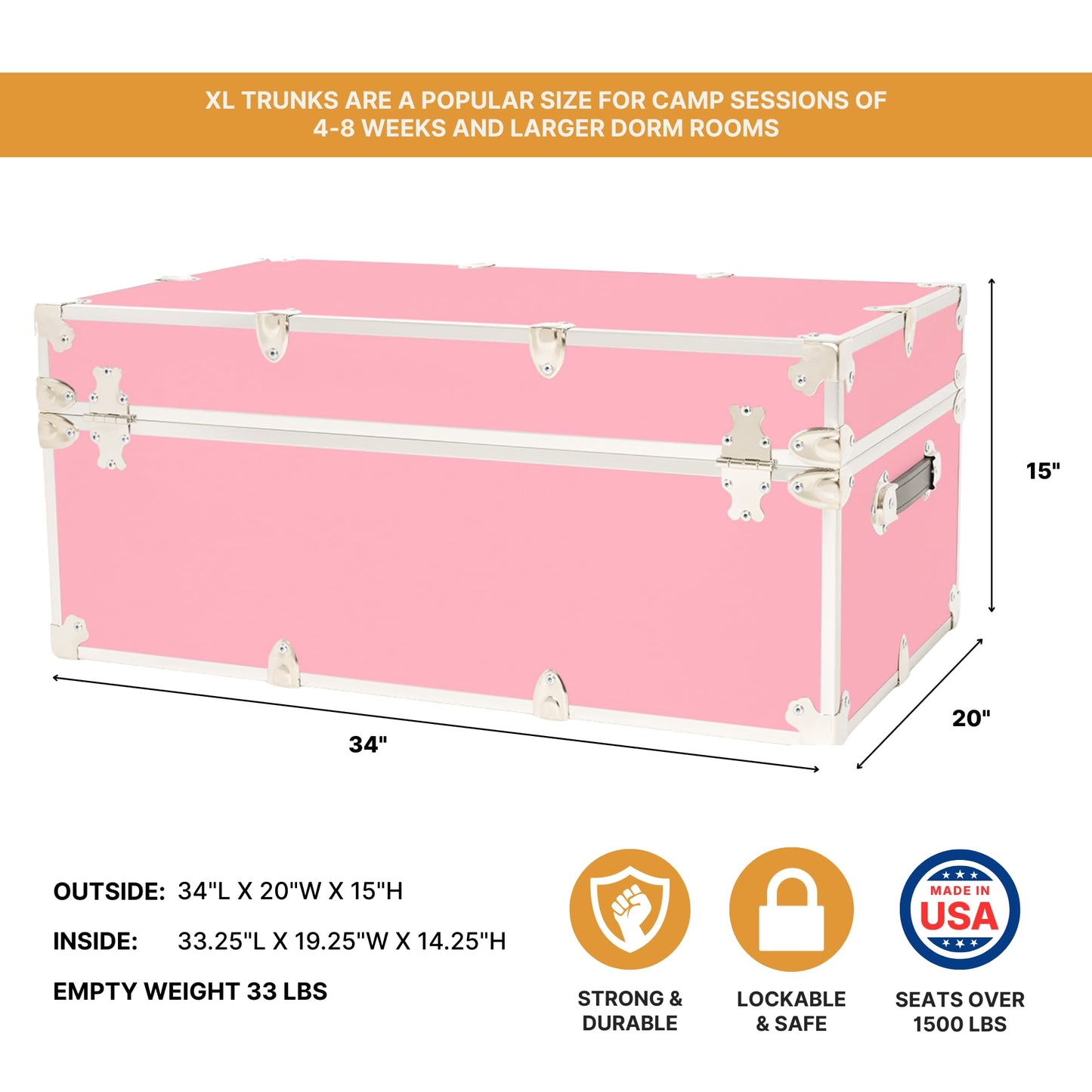 Rhino Trunk & Case Classic XL Trunk - 34"x20"x15", 1500+ lbs Capacity - Many Colors, Soft-Close Lid. Strong, USA Made Summer Camp Footlocker and Secure College Dorm Storage Chest