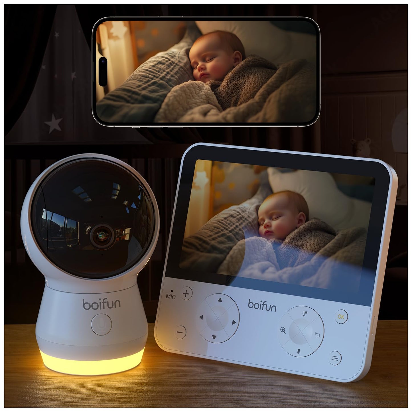 BOIFUN 5.5" AI 4MP WiFi Baby Monitor with Camera and Audio Pro Max: Smartphone App and Monitor Control, Upgrade AI Detection (Tummy Sleeping & Face), Colorful Night Light, 360° Camera, Sound Detection