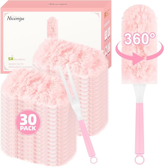 30 Count Pink Duster Refills Compatible with Swiffer Handle, 360Â° Multi-Surface Duster Refills with 1 Handle, 5X Microfibers Disposable Dusters for Home, Office Cleaning