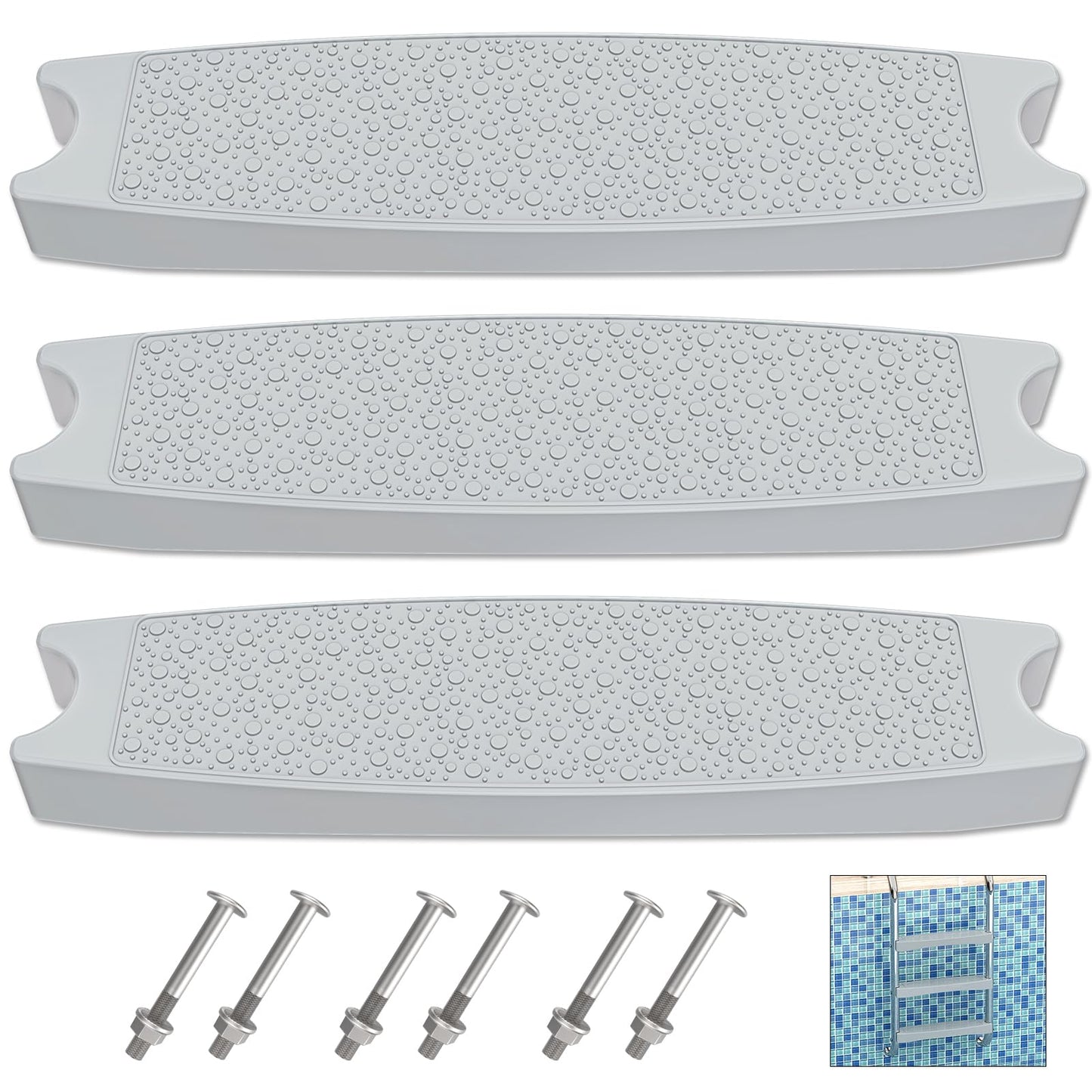 Goovilla Pool Ladder Steps Replacement, (3-Pack) 18" Universal Heavy-Duty Molded Plastic Swimming Pool Ladder Rung Step with 6 PCS Stainless Steel Bolts for Inground and Above Ground Pools, Grey