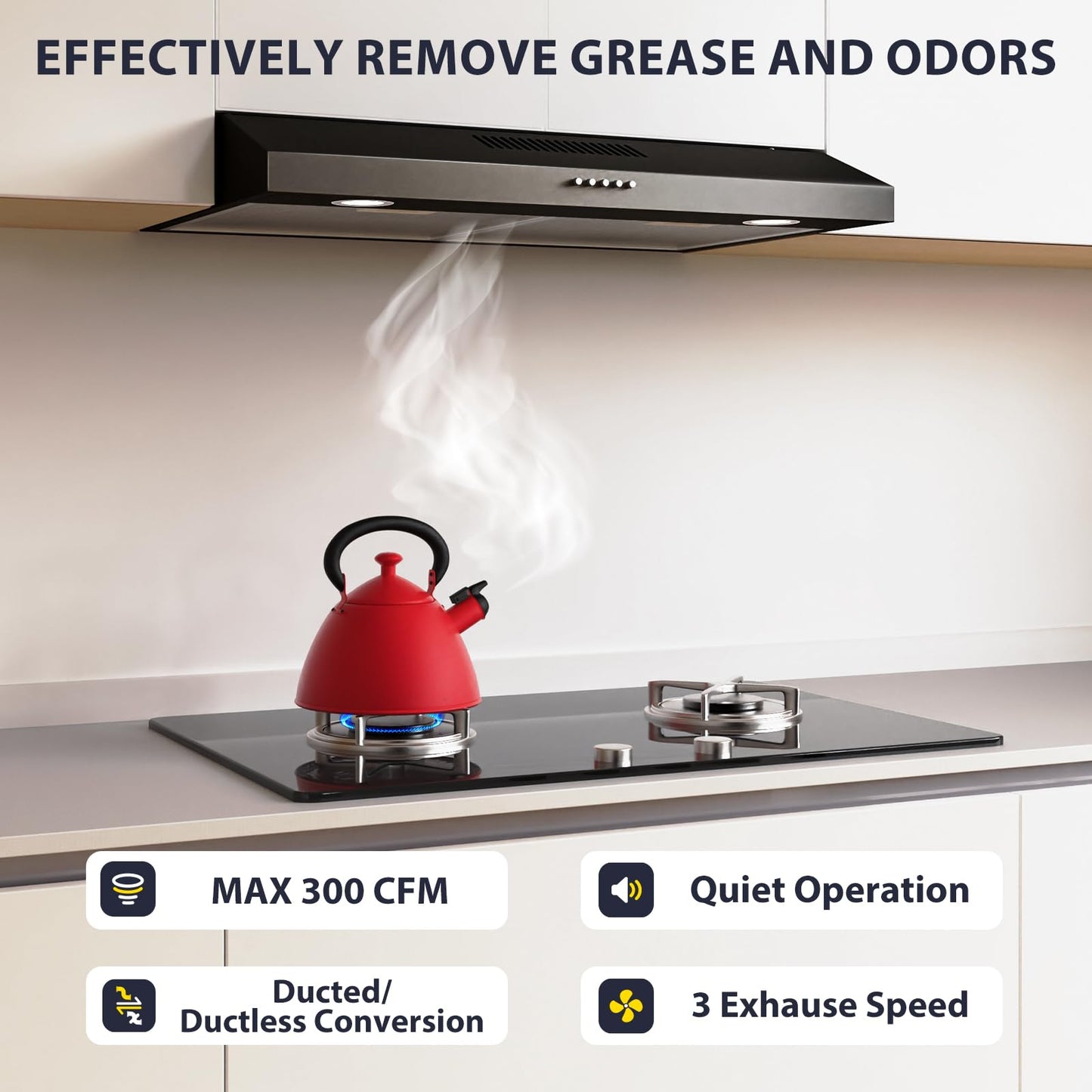 Ductless Range Hood 30 inch Under Cabinet, 600cfm Slim Kitchen Stove Vent Hood with LED Lights, 3 Speed Exhaust Fan, Reusable Filters, Stainless Steel Campanas para Cocina with Charcoal Filter