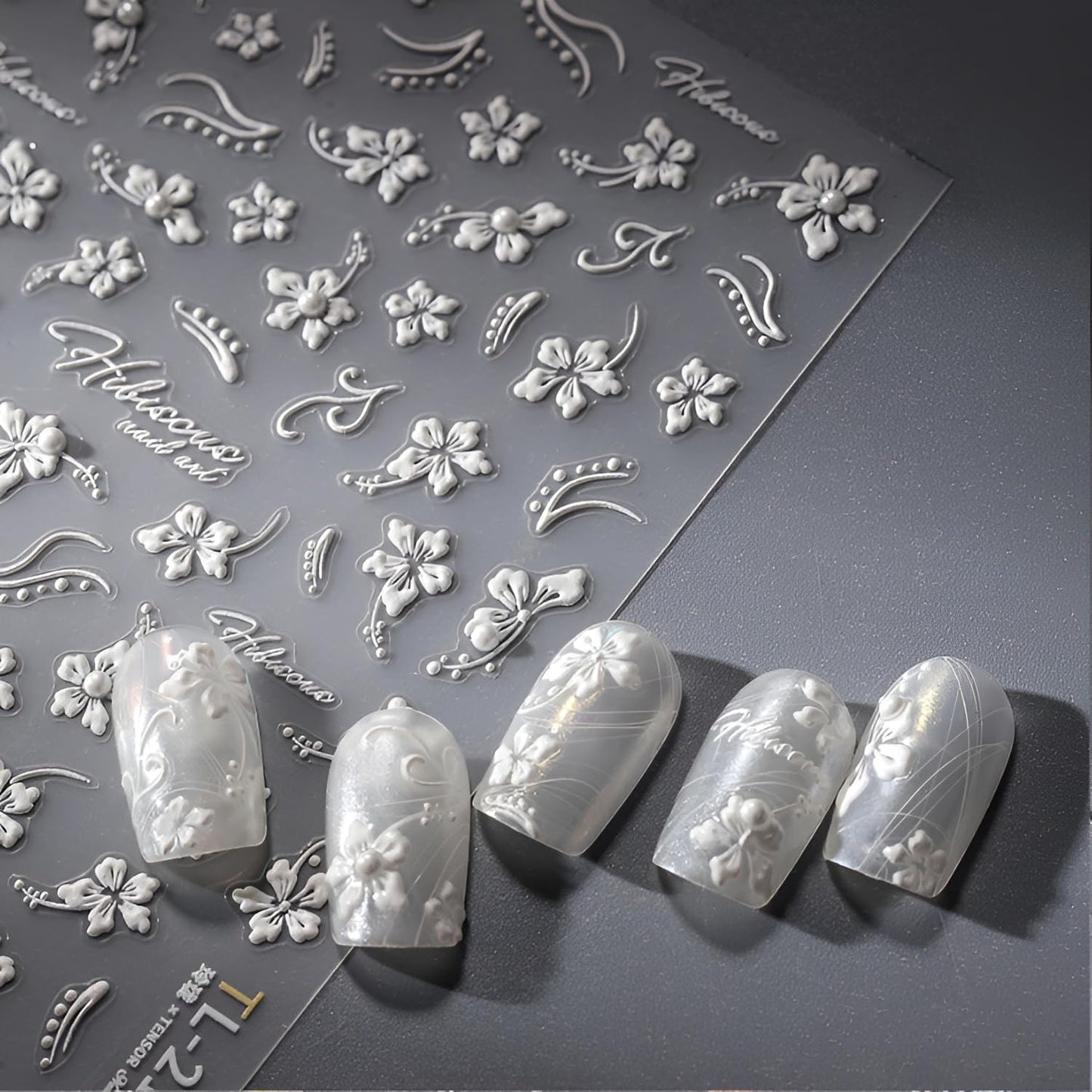 5D Embossed Nail Stickers for Nail Art Self Adhesive Spring Summer Nail Art Stickers White Flower Nail Decals Aurora Bow Star Nail Design for Women Girls