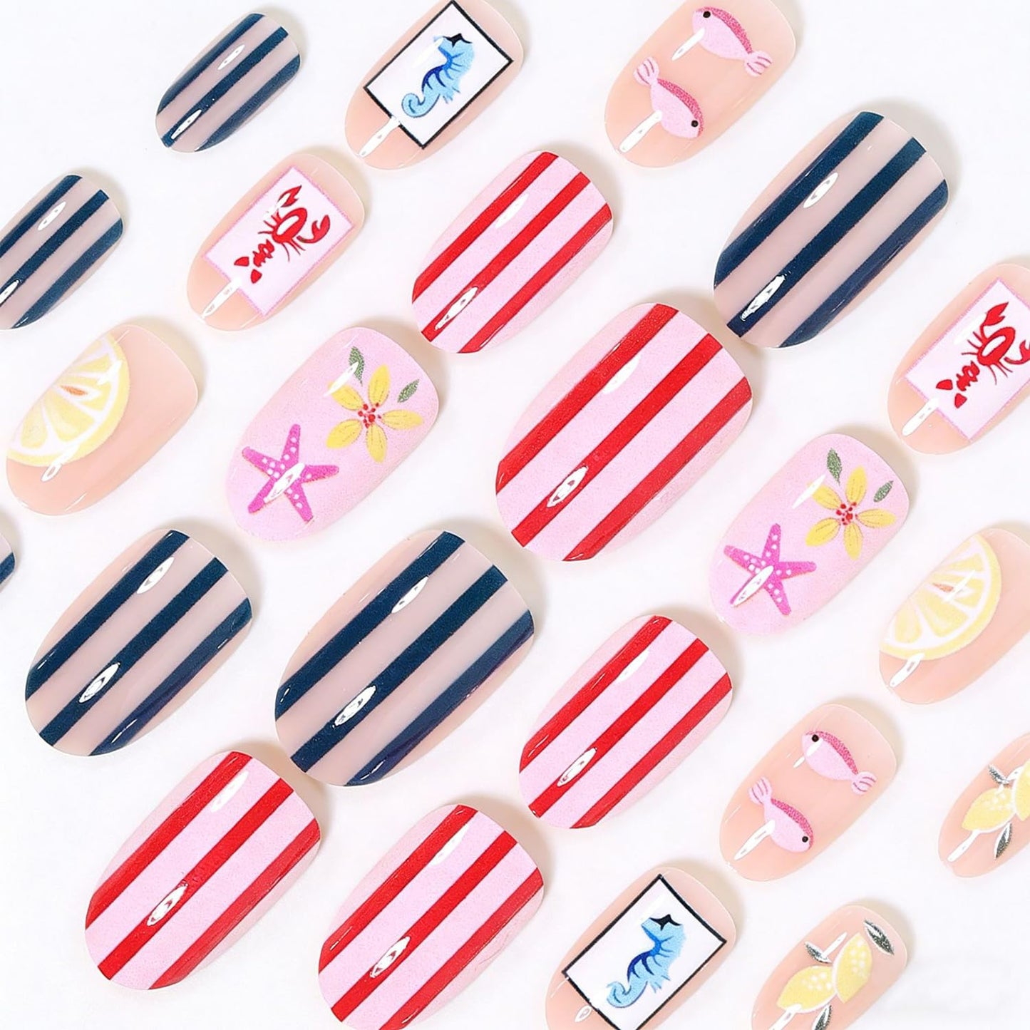 Flowers Press on Nails Flowers Medium Almond False Nails with Starfish Stripe Fish Seahorse Design Full Cover Glue on Nail Summer Ocean Reusable Acrylic Fake Nails Artificial Stick on Nail for Women