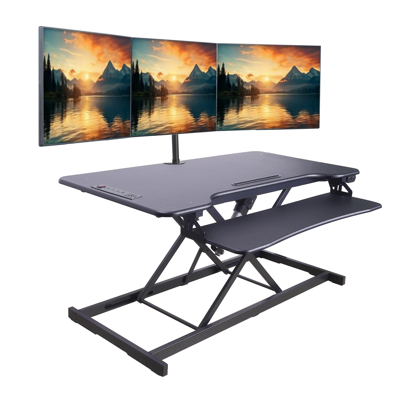 Rocelco 46" Electric Standing Desk Converter with AC Outlet USB Charger - Motorized Height Adjustable Sit Stand Up Triple Monitor Riser - Tabletop Workstation Large Keyboard Tray - Black (R EDRB-46)