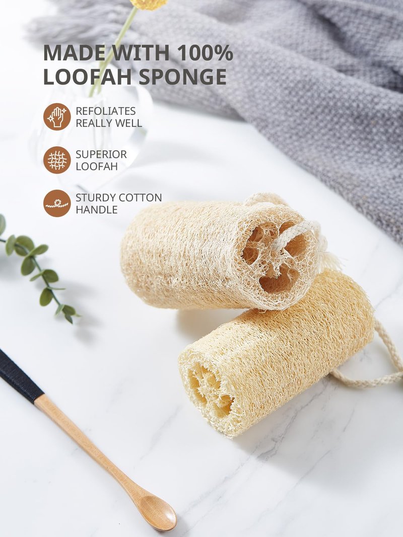 Reemix Natural Loofah Exfoliating Body Scrubber 4-Piece Long Cylinder Set - Large Home & Shower Sponge for Face & Body, Eco-Friendly Bath Tool for Gentle Exfoliation, Spa-Like Experience at Home