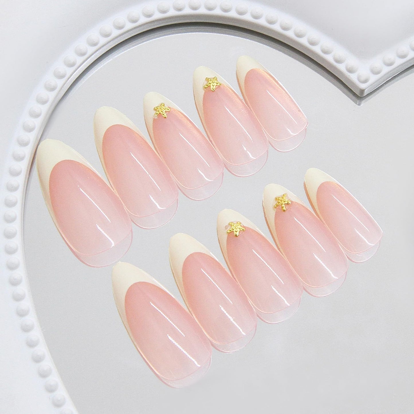 IMSOHOT Press on Nails Long Stiletto Fake Nails with Golden Star Charms Designs Yellow French Tip Glossy Acrylic False Nails Full Cover Gel Almond Nail Supplies