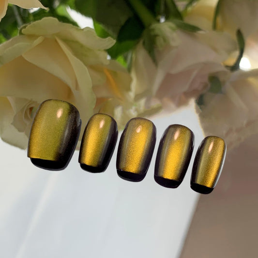 Incantevole Cat's Eye Press On Nails (30PCS； SIZE：XS-S-M), Short Square Fake Nails (Black Gold), Handmade Nails, Elegant False Nail Tips