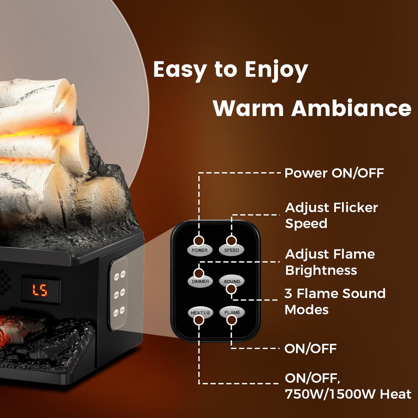 21" Freestanding Electric Fireplace Log Set with Cracking Sound, Fireplace Insert Heater with 8H Timer, 750w/1500w, 5 Flame Brightness & 5 Flicker Speeds, Overheat Protection, Remote Control
