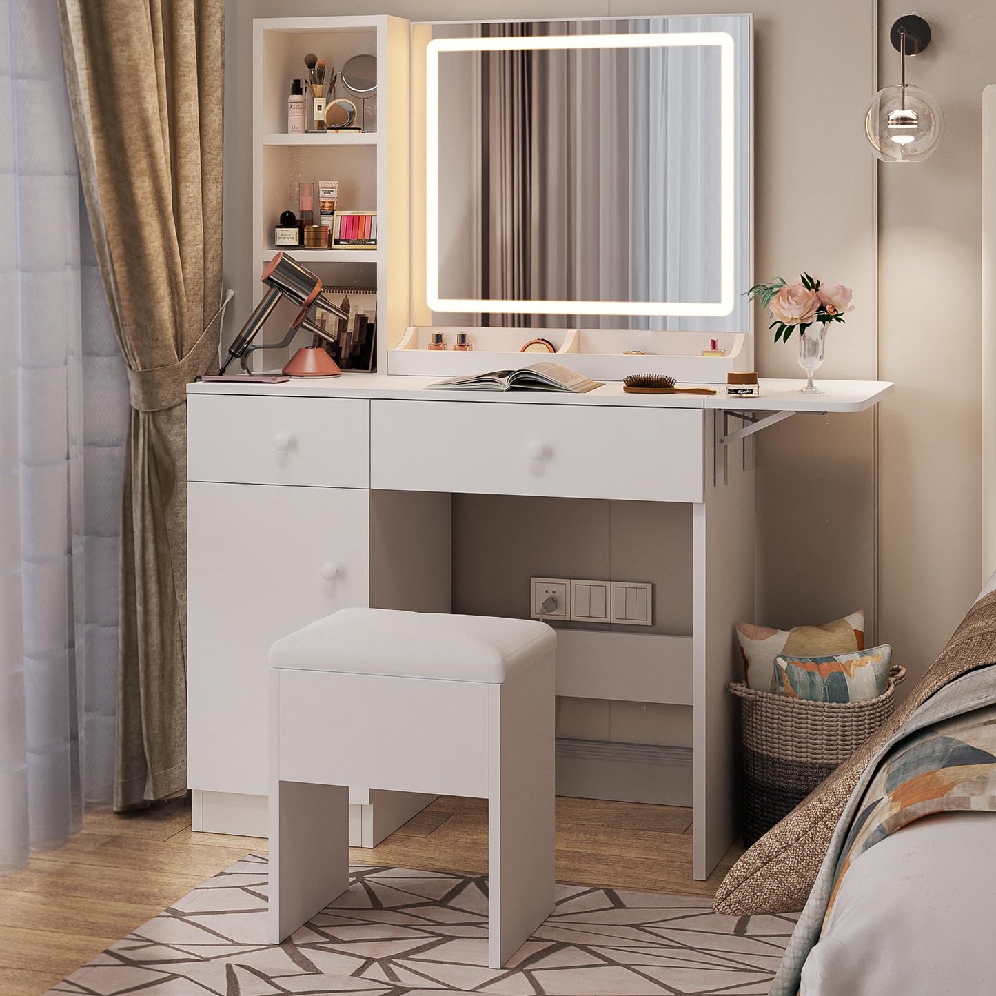 Haewon White Vanity Desk with Mirror and Lights, Makeup Vanity with Charging Station and 3 Lighting Modes, Dressing Table Set with Storage Cabinet, Drawers and Chair for Girls Bedroom