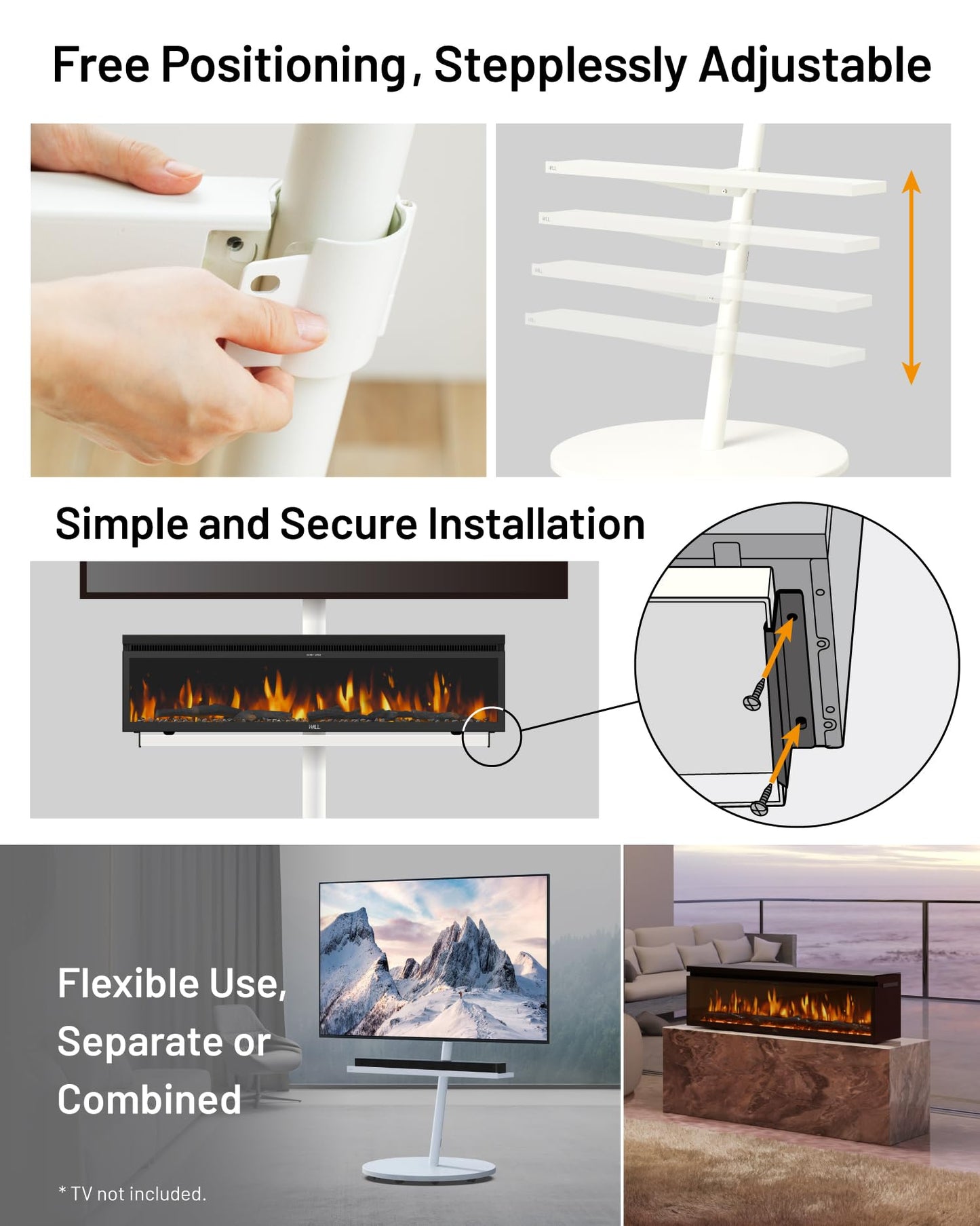 WALL SEVEN STAND A2 Grand Mobile TV Stand with FLAMEBAR Electric Fireplace & Shelf | Fits 45–80" TVs | Satin White | 1500 Flame Color Combinations | WiFi Enabled, 750/1500W Heater, Space-Saving Design