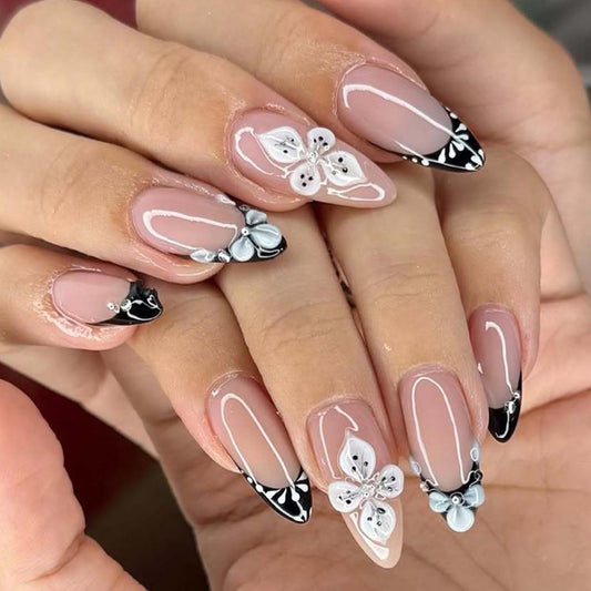 French Tips Press on Nails Medium Almond Nails Press on with 5D Flower Charm Design Glossy Nude Fake Nails Rhinestones Glue on Nail Reusable Fall Summer Nail for Women Manicure 24Pcs