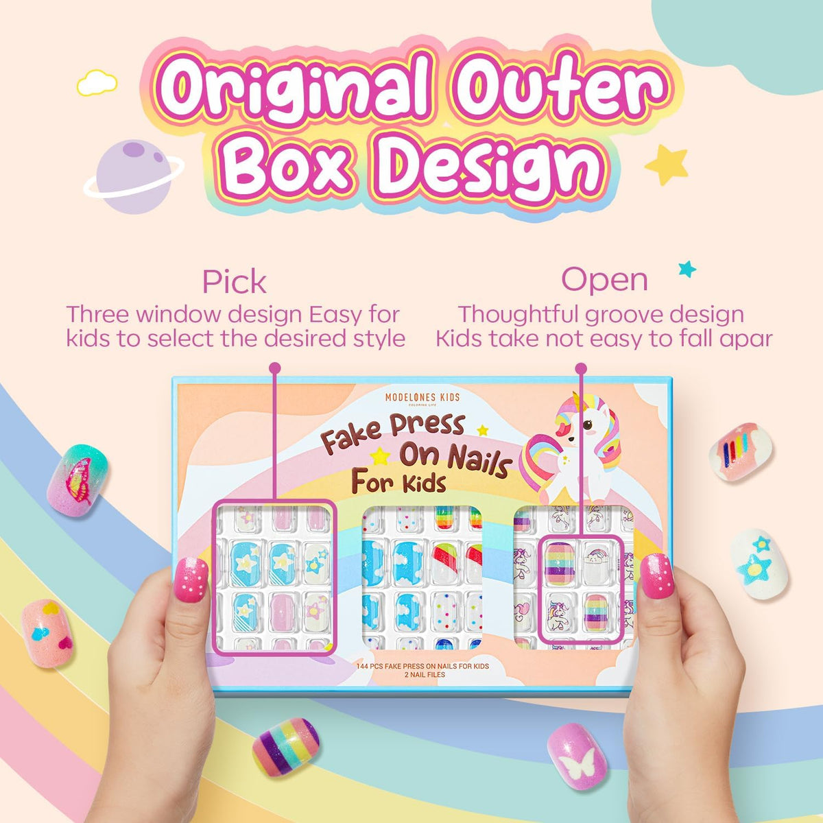 Modelones Press on Nails for Kids 144Pcs 6 Pack Children Acrylic Fake Nails Pre-glue Full Cover Glitter Gradient Color Cloud Heart Short False Nail Art Kits Sets Christmas Gifts for Kids Girls
