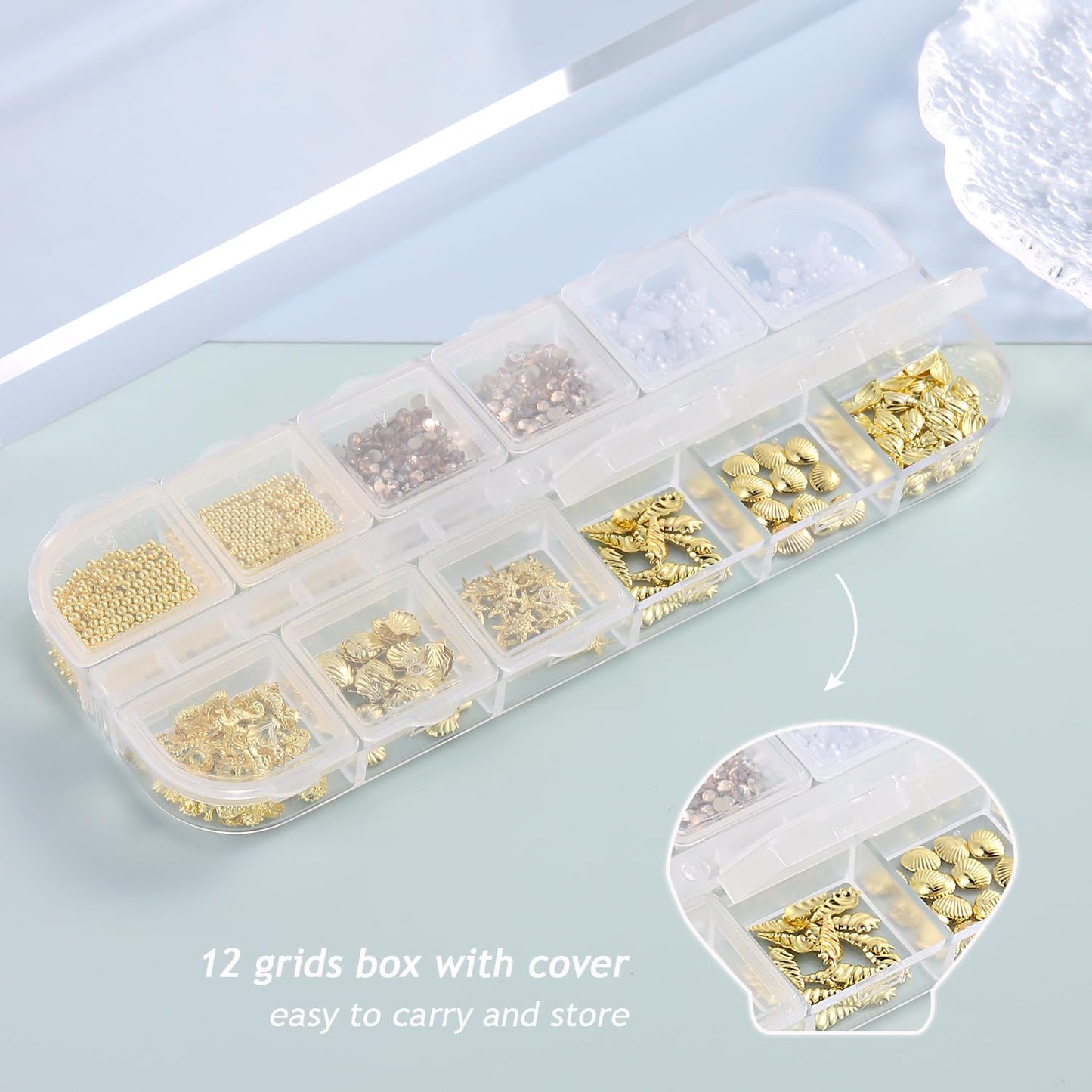 Furtherpretty Summer Nail Charms, 3D Beach Nail Charms Metal Starfish Seashell Tropical Ocean Nail Art Decorations, Gold Beads and Pearls Rhinestones with Tweezers for Manicure, concha nacar para uñas