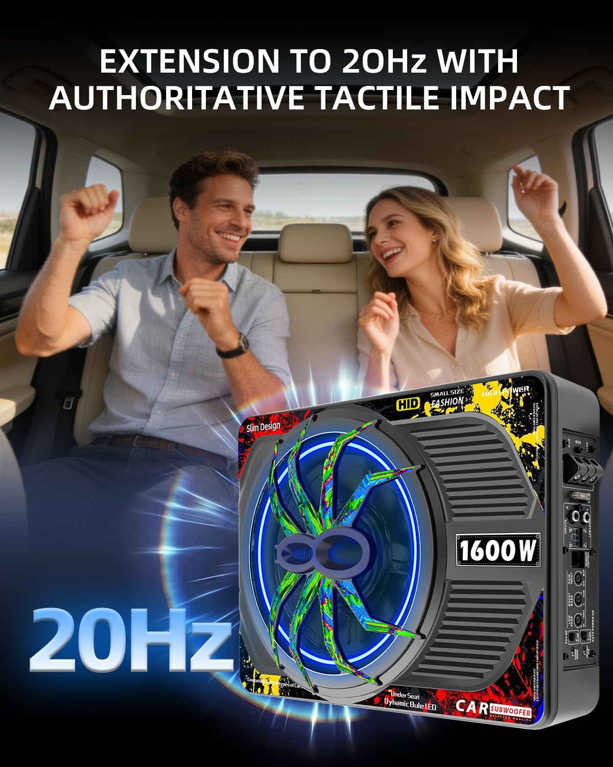 TZGBASS 2026 Upgraded 1600W Slim Underseat Car Subwoofer and Amp Package with RGB Beat-Synced Light, Built-in Class D Amp, Subsonic Deep Bass, Under Seat Subwoofer for Truck SUV Jeep