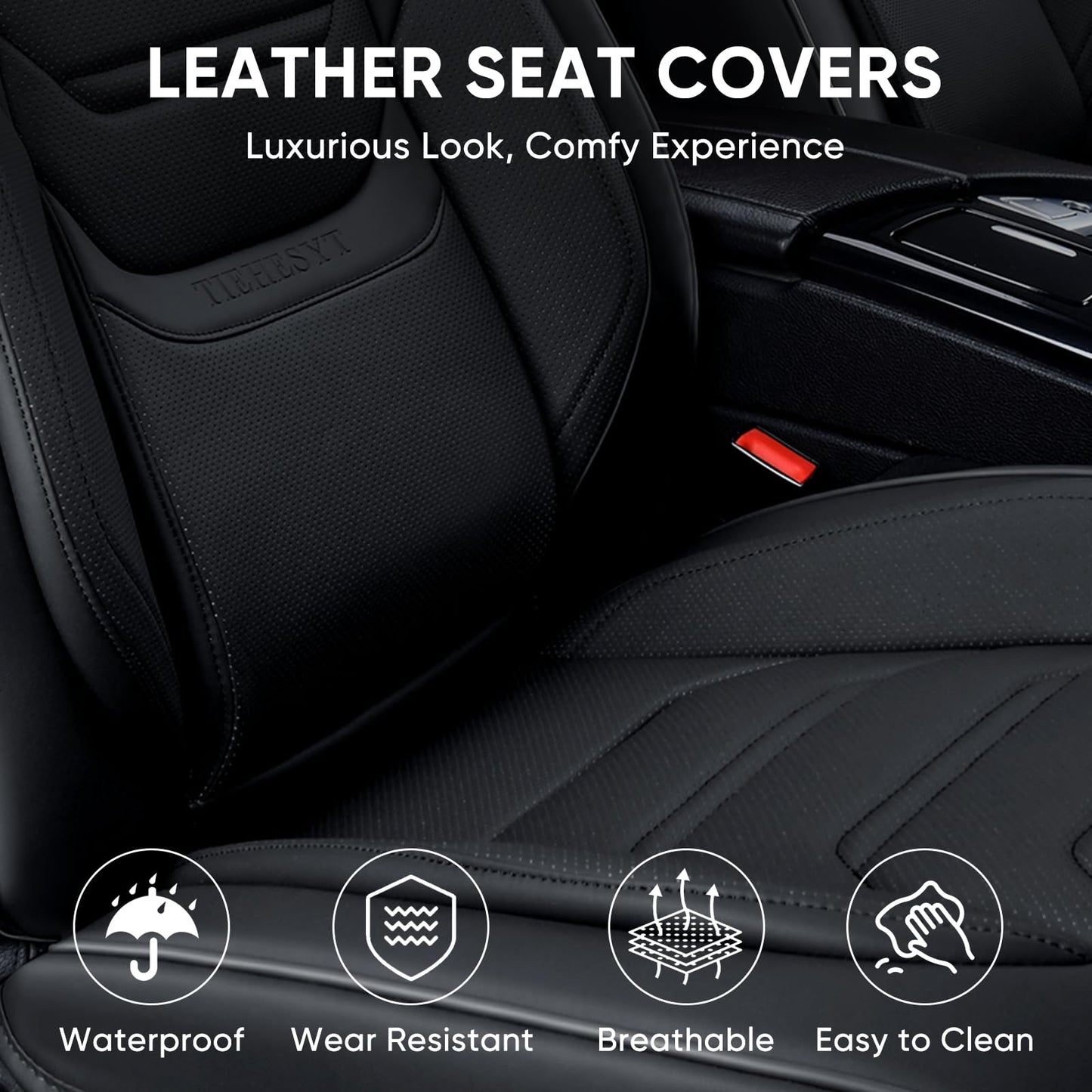 TIEHESYT Black Car Seat Covers Full Set, Breathable Leather Automotive Front and Rear Seat Covers with Headrest, Waterproof Auto Seat Protectors Fit for Most Sedans SUV Pick-up Truck
