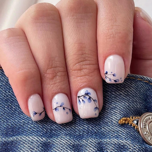 Vezocim Flower Press on Nails Square Shapes, 24Pcs Nude Short Artificial Fake Nails with Blue Floral Bud Designs, Full Cover Glossy Coffin Acrylic False Nails, Stick on Fingernails for Women(W1048)