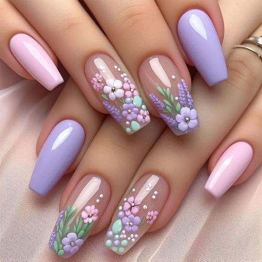 CTTHNBD Press on Coffin Nails - Medium Fake Nails with Flower Design - Purple False Nails Press ons - for Women 24 Pcs