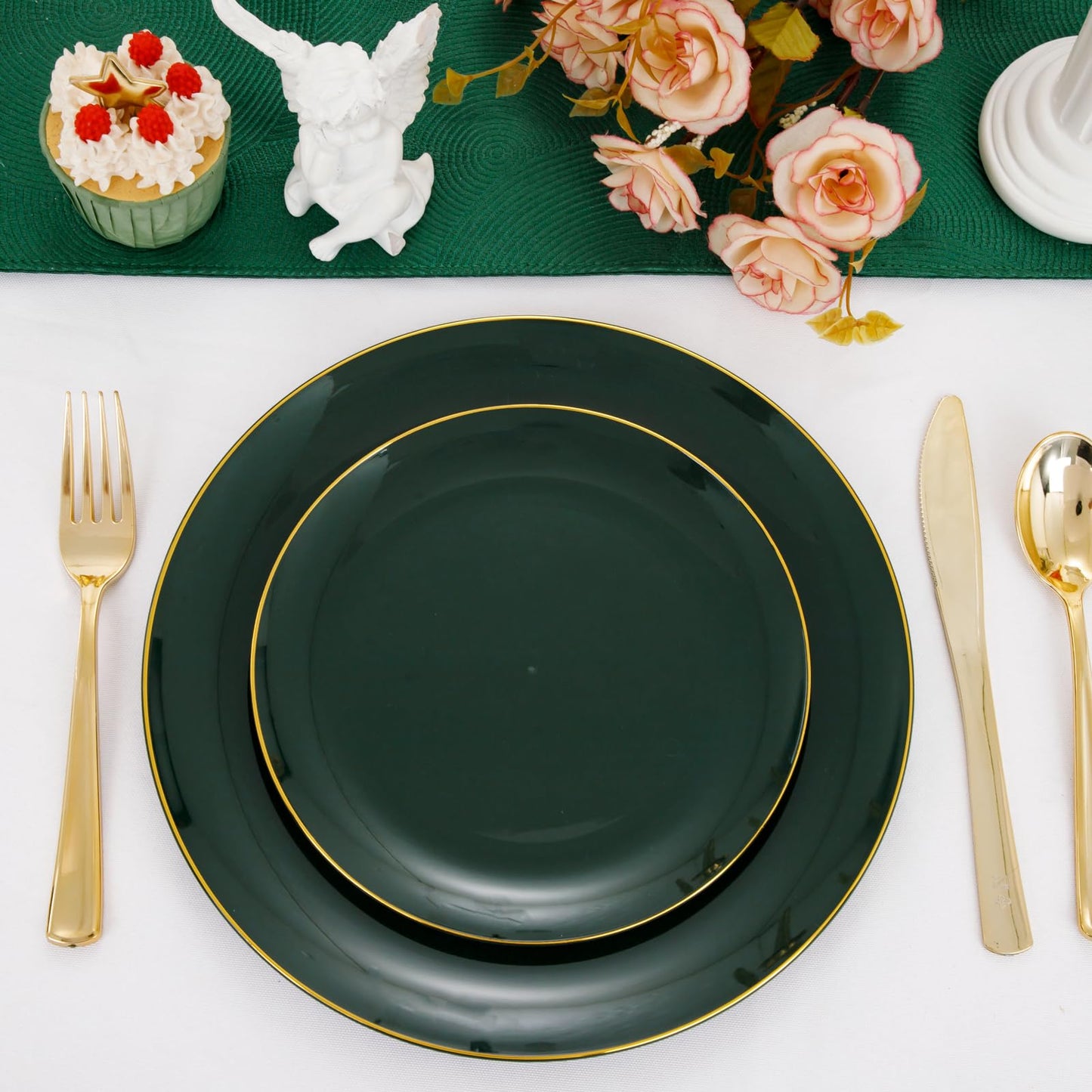 PULOTE 100PCS Green Plastic Plates - Green Disposable Plates With Gold Rim - Include 50 Pieces Dinner 10.25inch,50 Pieces Dessert 7.5inch for Party&Christmas
