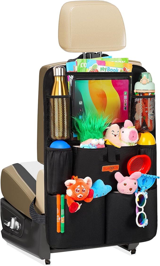 SURDOCA Upgraded Car Organizer with 11-inch Tablet Holder, 8 Pockets, Car Seat Protector for Road Trips - Car Storage and Organizers for Kids