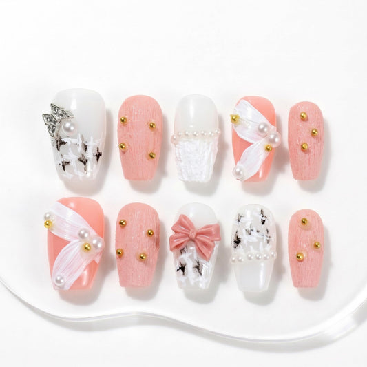 Sun&Beam Nails Handmade Short Medium Coffin Ballerina Pink False Nail Tips with Cute 3D Pearl Ribbon Popular Charm Design Press On Nails 10 Pcs (#50 M)