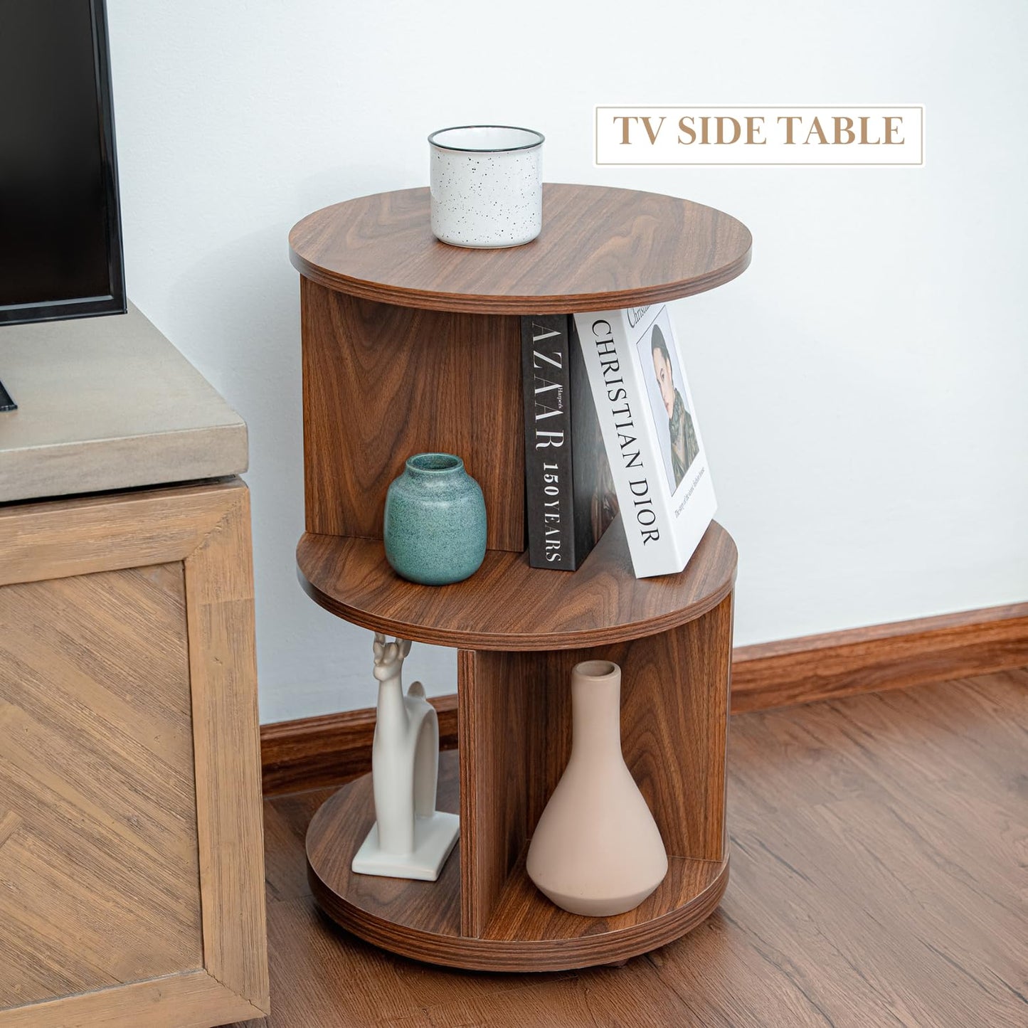 KAYMILY Round End Tables, Mid Century Modern 3 Tier Side Table for Living Room, Bedroom, Office, 25" Tall Accent Nightstand with Open Storage Shelves, Easy Assembly, MDF Wood - Stationary - Walnut