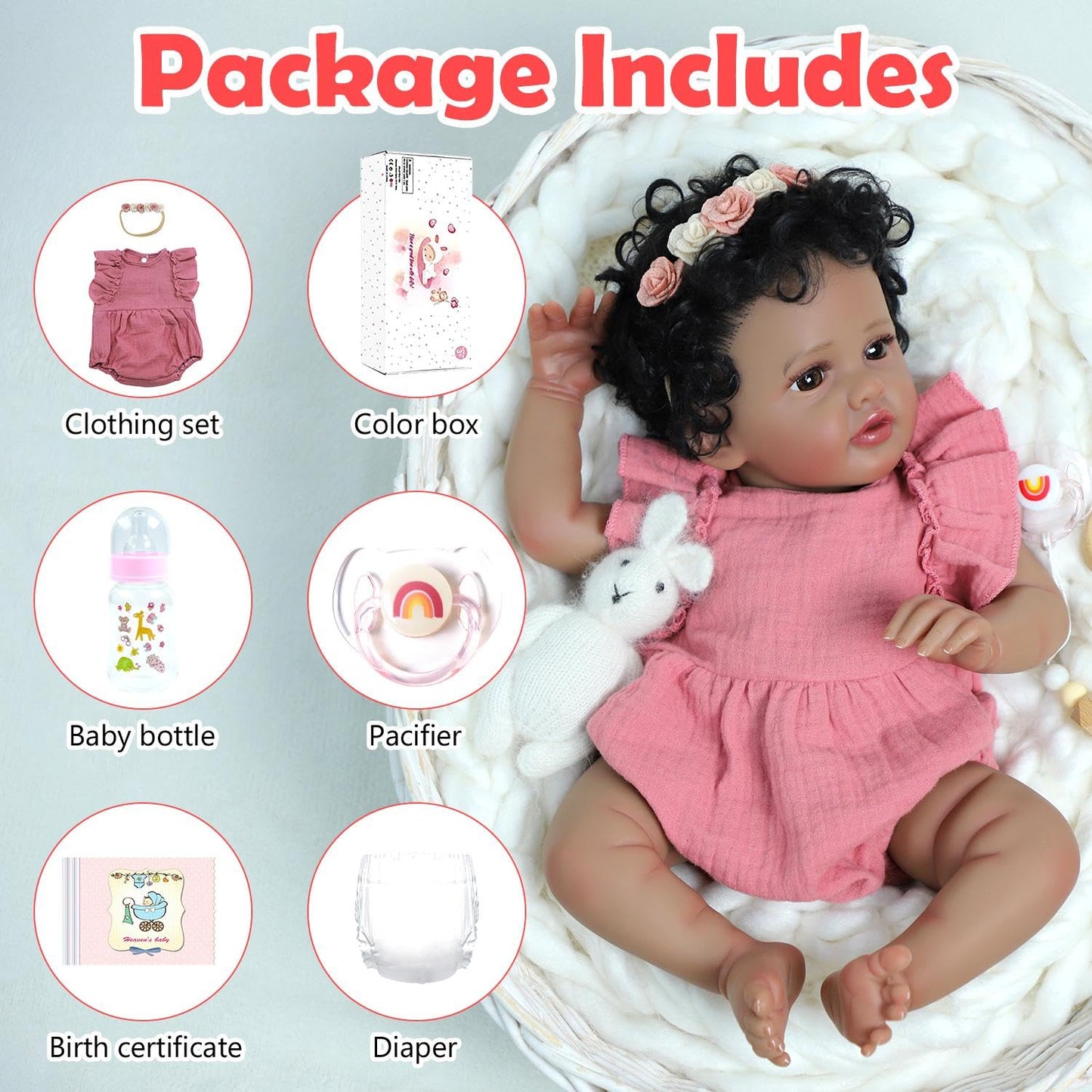 SCOM 18 Inch Reborn Baby Doll Black Girl - Realistic African American Newborn Girl Dolls, Real Lifelike Dolls with Soft Weighted Body, Poseable Real Baby Reborn Gift Toy for 3+ Years Old Kids