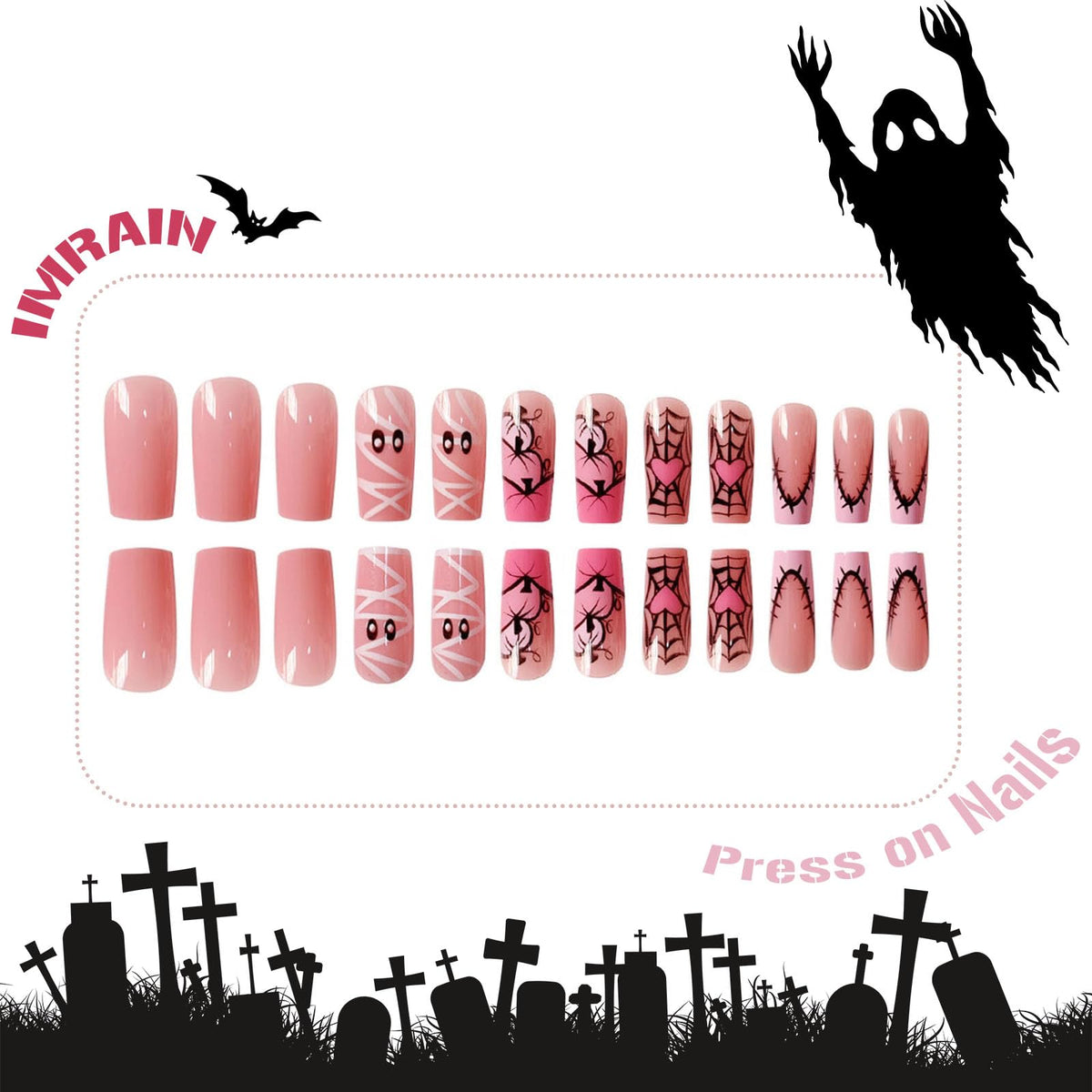IMRAIN Halloween Press on Nails Long Square Fake Nail Pink French Tips False Nails Full Cover Glossy Glue on Nails for Women Manicure Decor